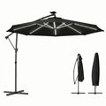 10 ft Offset Patio Umbrella with Solar Light, Garden Hanging Parasol with 360° Rotation, Tilt, Cover, Black