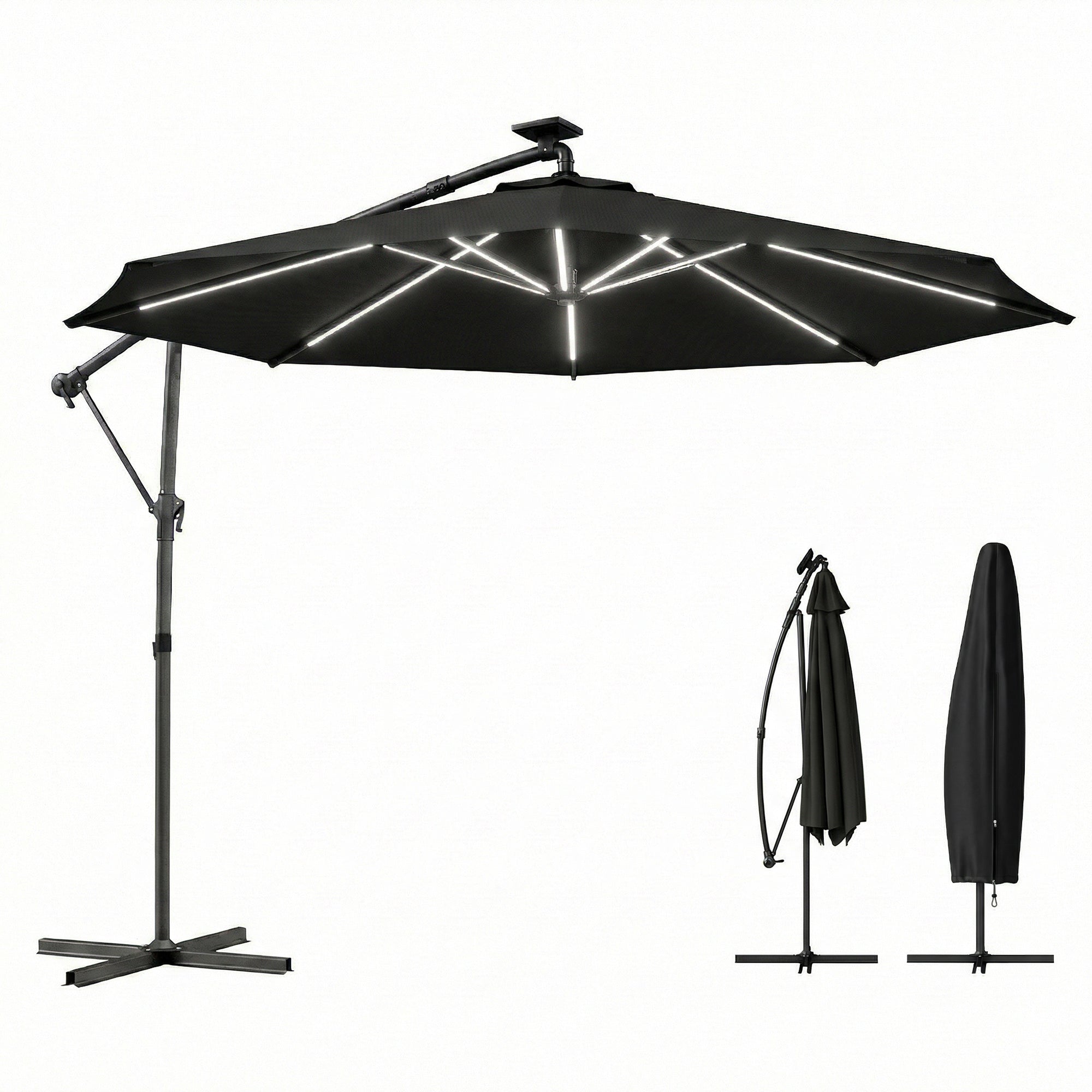 10 ft Offset Patio Umbrella with Solar Light, Garden Hanging Parasol with 360° Rotation, Tilt, Cover, Black