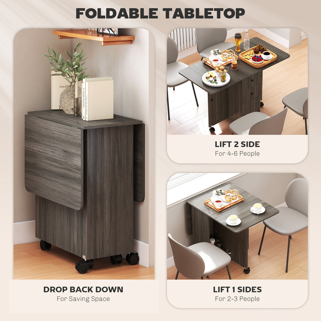 Foldable Dining Table, Rolling Kitchen Table with Storage Drawers and Cabinet, Drop Leaf Table on Wheels, Grey