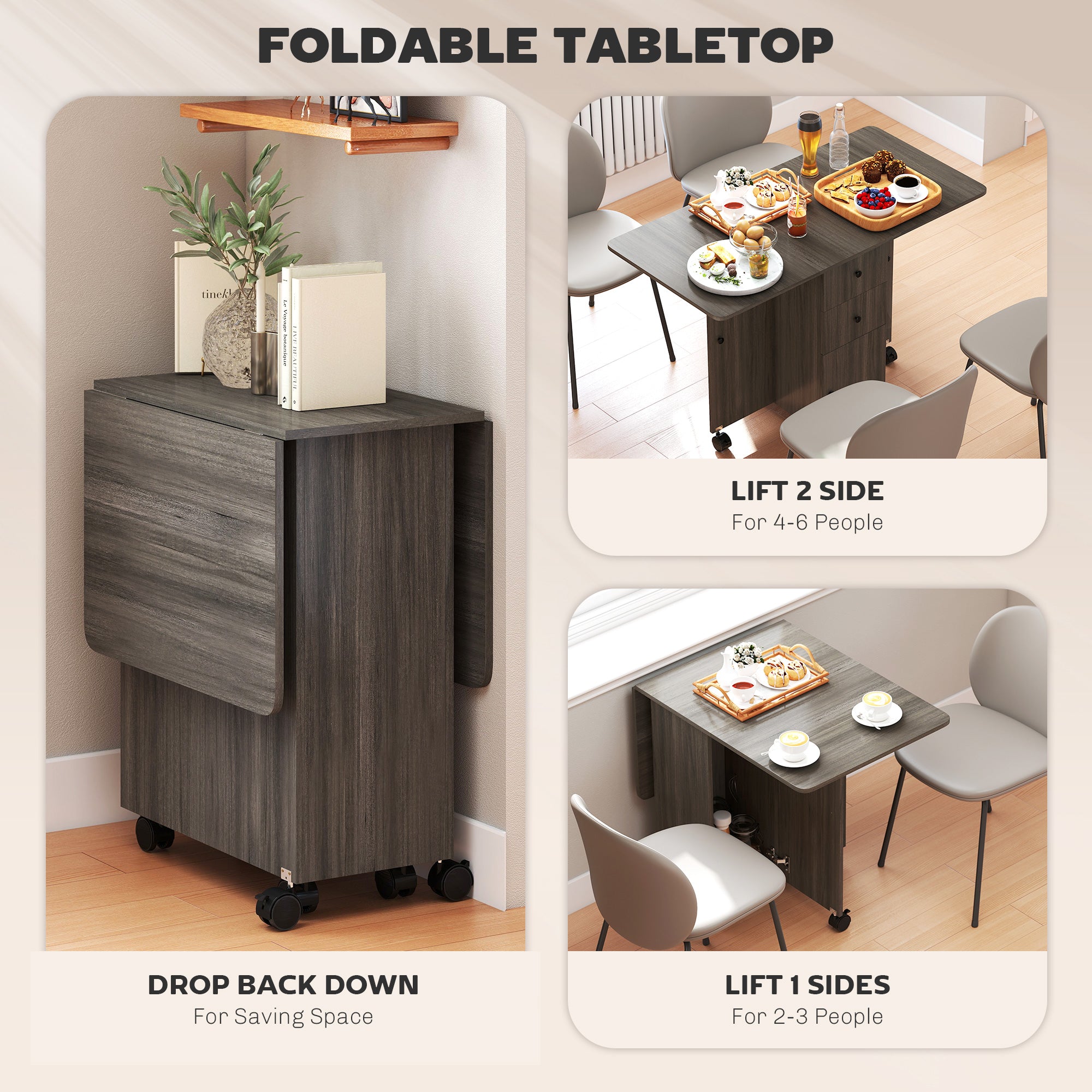 Foldable Dining Table, Rolling Kitchen Table with Storage Drawers and Cabinet, Drop Leaf Table on Wheels, Grey
