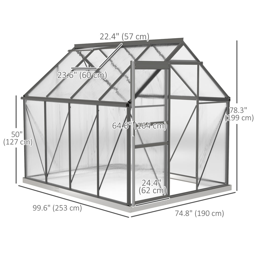 6' x 12' x 6.5' ፖሊካርቦኔት ግሪንሃውስ፣ ብሓደ እተስተካከለ ናይ ጣሪያ መንፈስ መውጫ ዘለዎ ናይ መግቢ ግሪንሃውስ፣ ጋልቫናይዝድ መሰረት፣ ተንሸራታች ማዕጾ፣ ናይ ዝናብ ማይ መውሓጺ ንደገ ኣትክልቲን ድሕረ ቤትን፣ ቀላል ግራጫ
