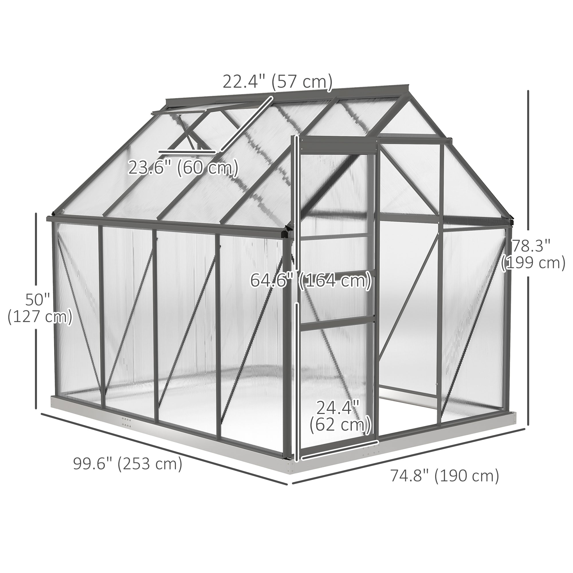 6' x 12' x 6.5' ፖሊካርቦኔት ግሪንሃውስ፣ ብሓደ እተስተካከለ ናይ ጣሪያ መንፈስ መውጫ ዘለዎ ናይ መግቢ ግሪንሃውስ፣ ጋልቫናይዝድ መሰረት፣ ተንሸራታች ማዕጾ፣ ናይ ዝናብ ማይ መውሓጺ ንደገ ኣትክልቲን ድሕረ ቤትን፣ ቀላል ግራጫ