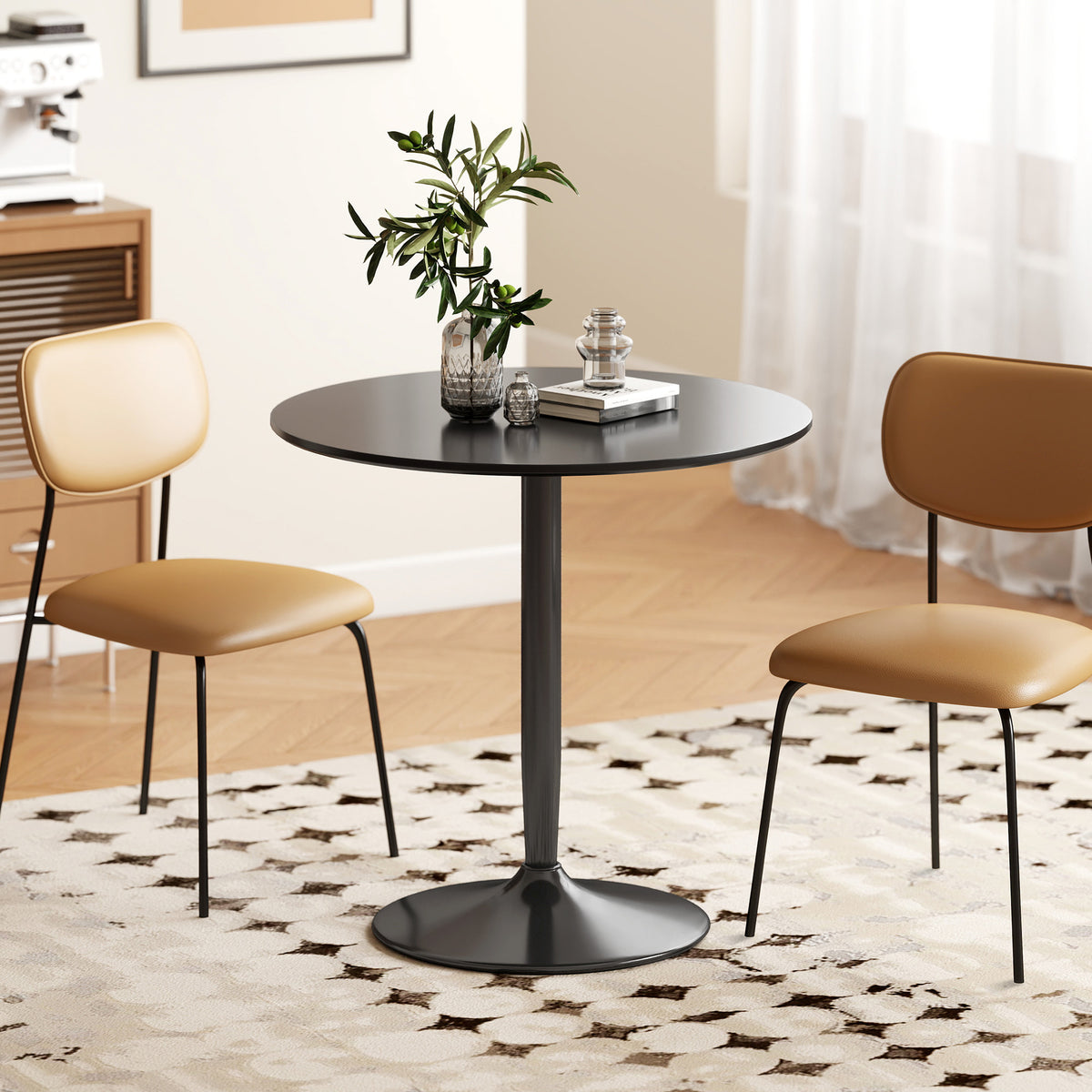 Modern Kitchen Table for 2 People, Round Dining Table with Steel Base for Living Room, Dining Room, Black