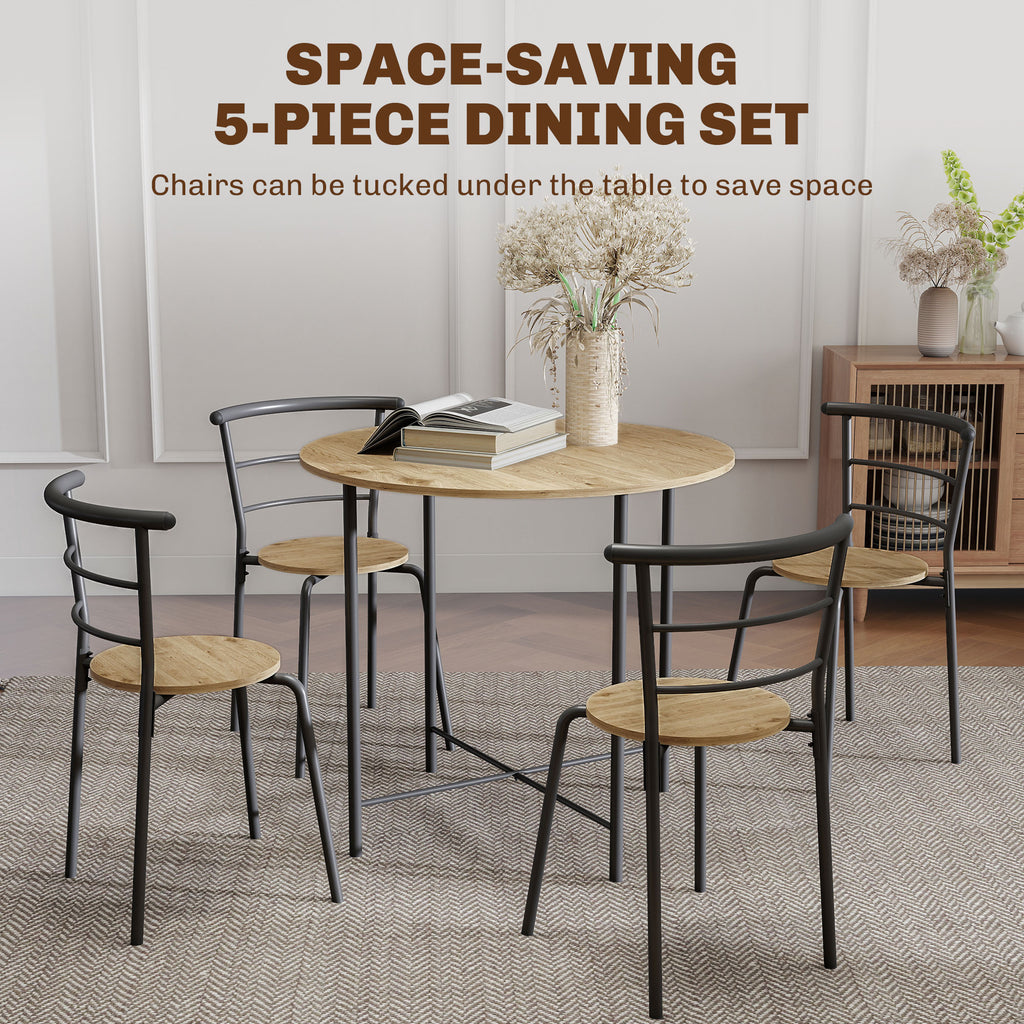 5 Piece Dining Table Set, Space Saving Round Dining Set for 4 with Metal Frame for Small Spaces, Natural