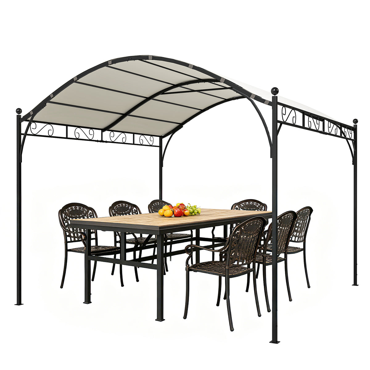 10' x 10' ደገ ፐርጎላ ምስ UV30+ ካኖፒ ጋልቫናይዝድ ስቲል ፍሬም ፀሓይ ጽላል ምስ ኣርከድ ቶፕ፣ ክሬም ዋይት
