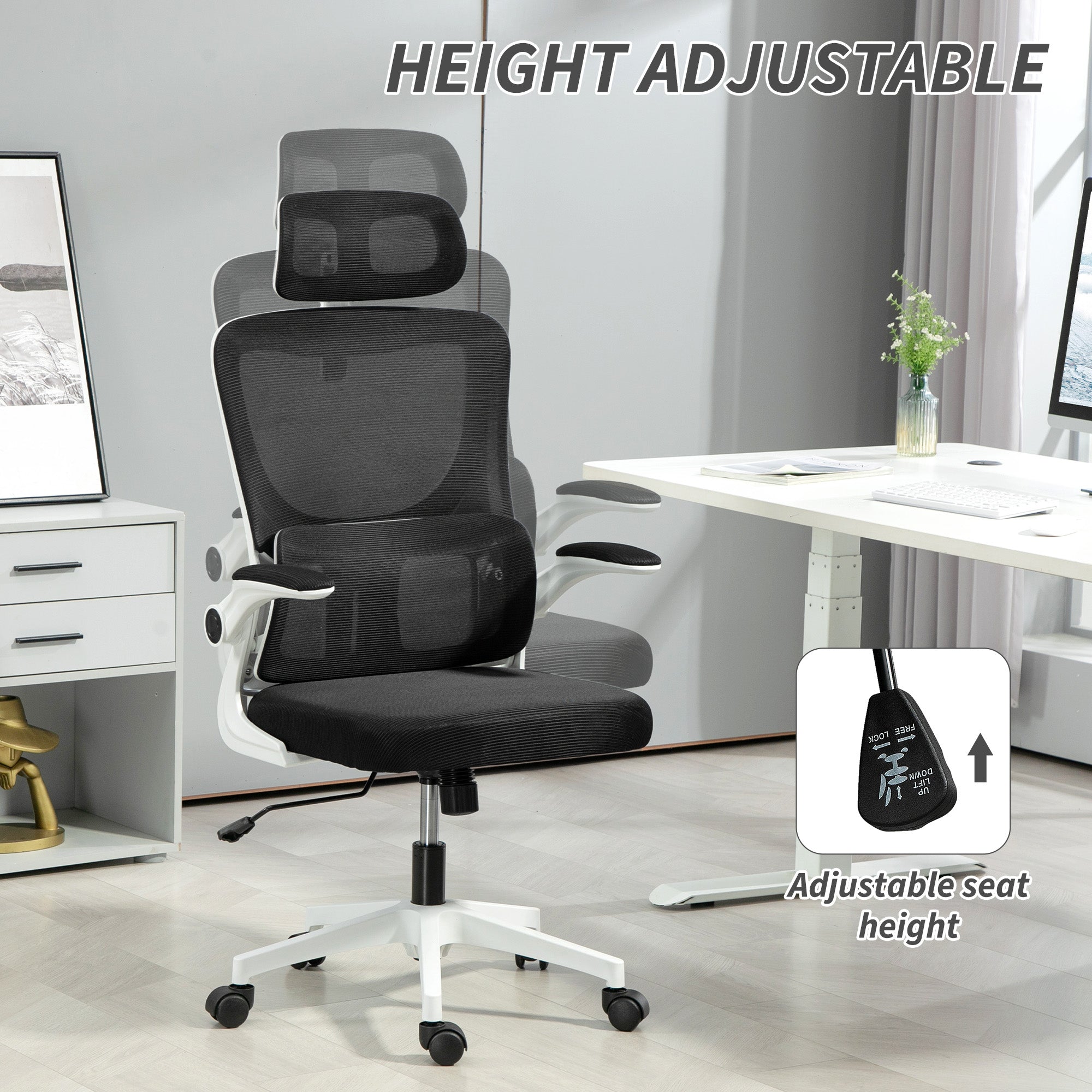 High Back Office Chair, Mesh Computer Desk Chair with Rotatable Headrest, Lumbar Back Support, Adjustable Height, Black