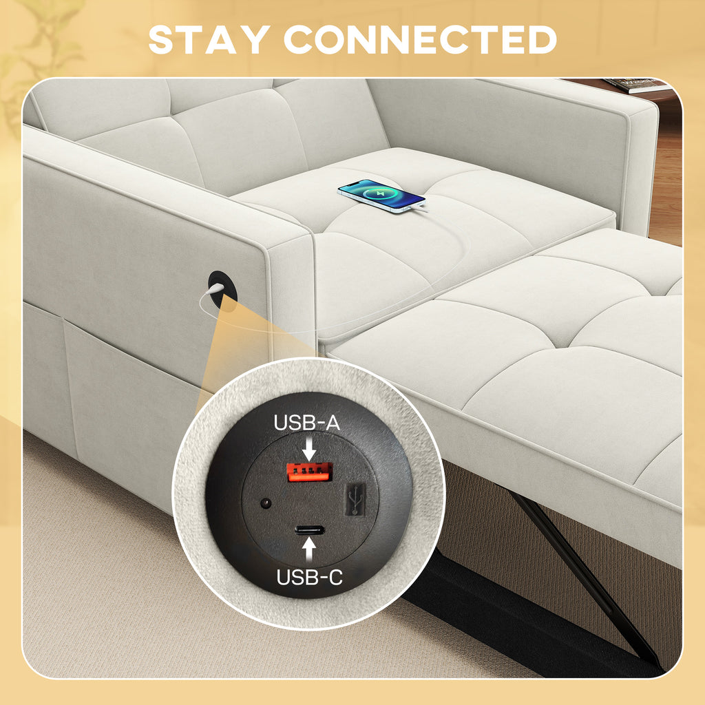 Convertible Chair Bed, Pull Out Sleeper Chair with USB, Adjustable Backrest, Small Velvet Futon Sofa Bed, Cream White