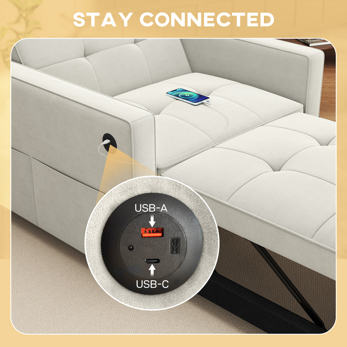 Convertible Chair Bed, Pull Out Sleeper Chair with USB, Adjustable Backrest, Small Velvet Futon Sofa Bed, Cream White