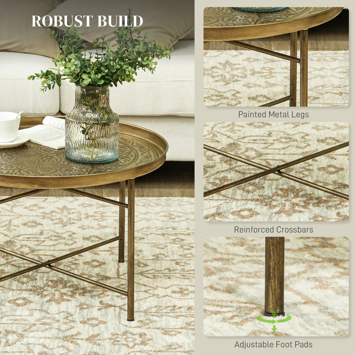 Vintage Coffee Table for Living Room, 24" Round Center Table with Hammered Tray Top and Metal Frame, Gold
