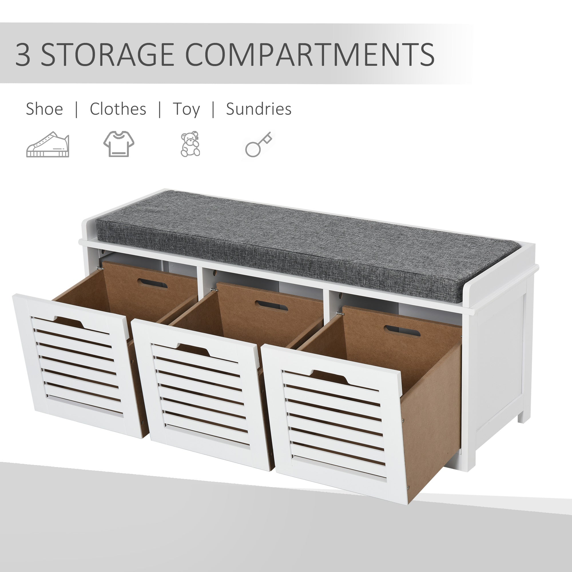 Upholstered Shoe Cabinet Storage Bench with Padded Cushion, with 3 drawer Enough Storage Space Bench Stool for Living Room Entryway Furniture, White