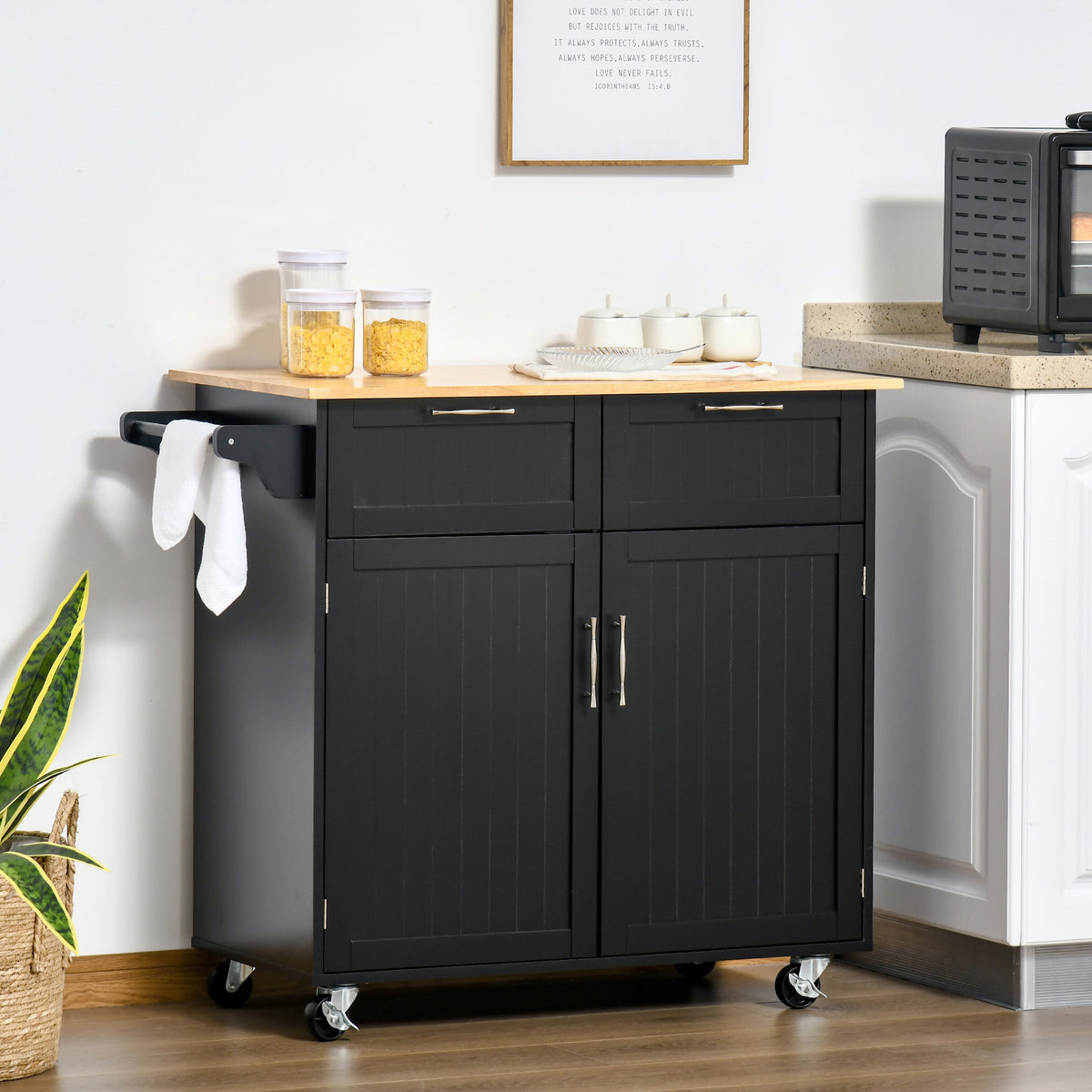 Rolling Kitchen Island, Kitchen Cart on Wheels with 2 Storage Drawers, 3 Door Cabinets and Towel Rack for Dining Room (Grey, 3-Doors)
