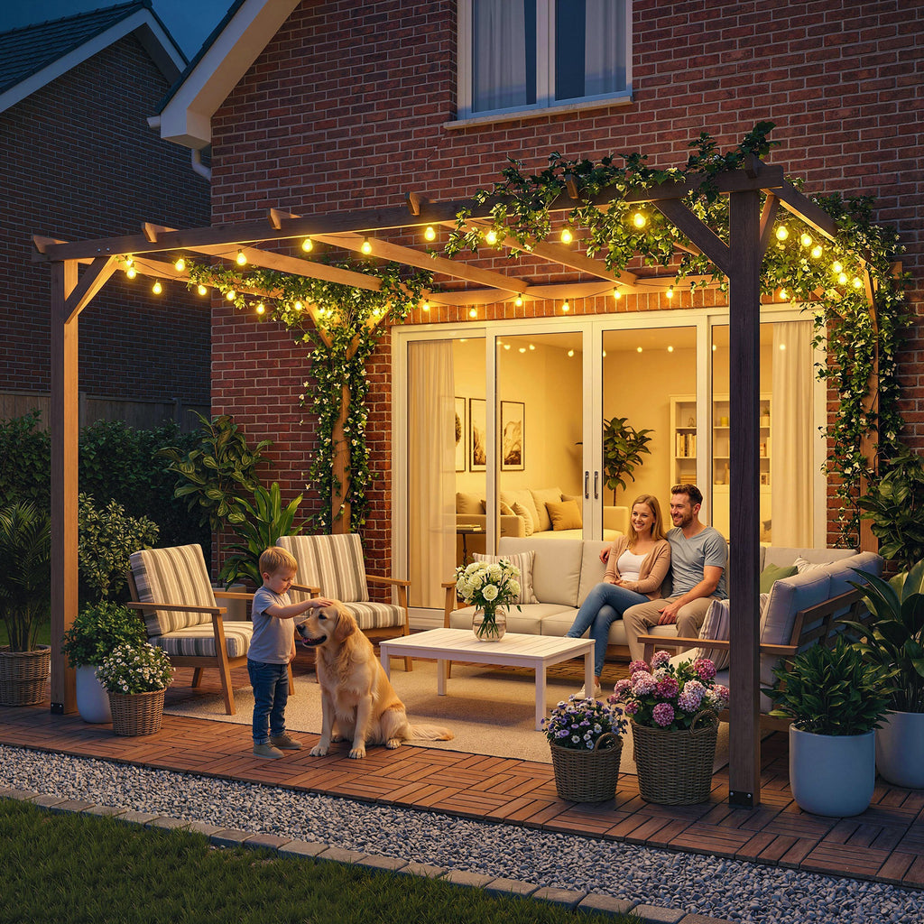 عريشة خشبية مقاس 10' × 13'، شرفة عريشة خارجية تعريشة عنب بدعامات مثلثة، مراس خرسانية، خشب طبيعي