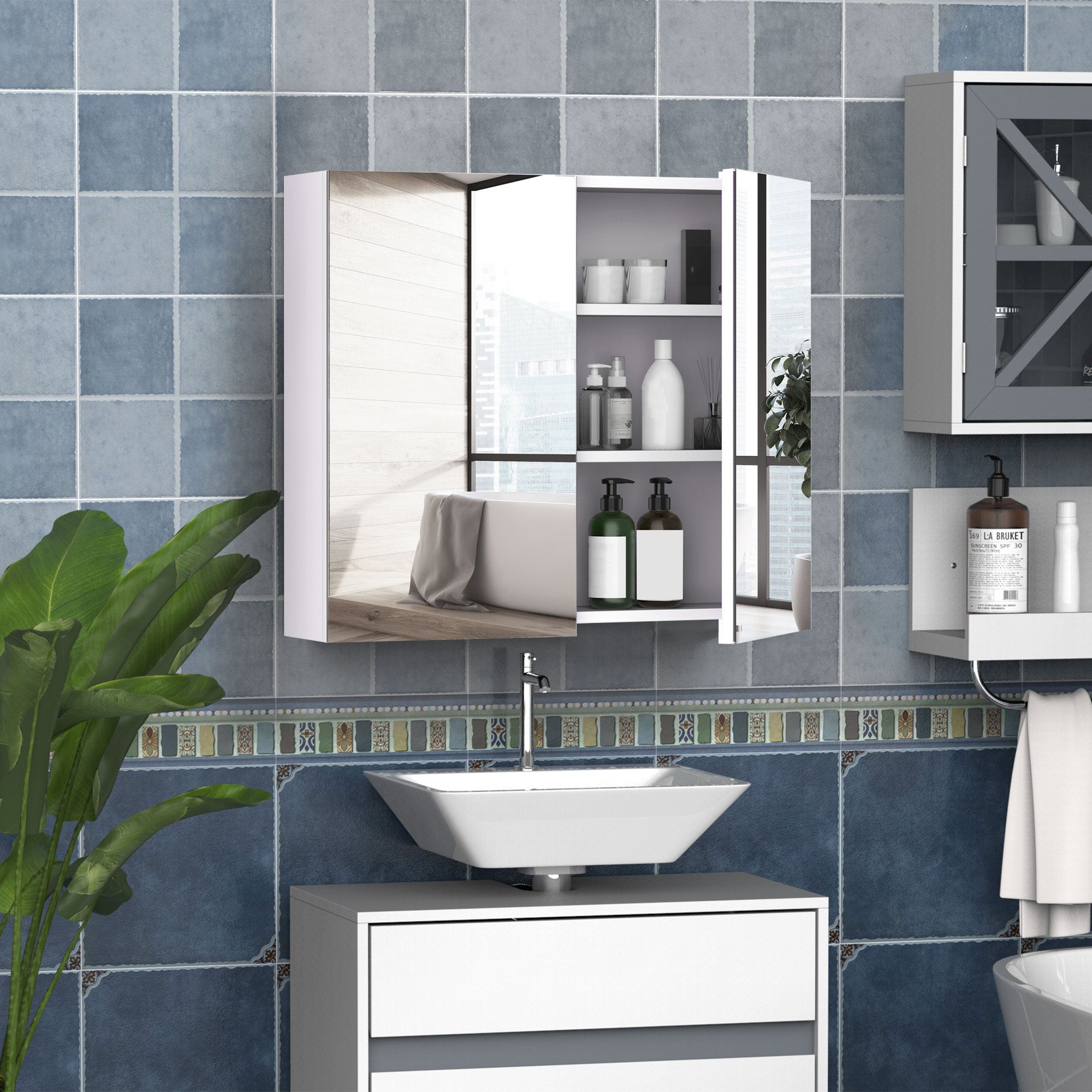 Wall Mount Mirrored Medicine Cabinet, Bathroom Mirror Cabinet with Adjustable Shelf, Double Soft Closing Doors, Light Lilac