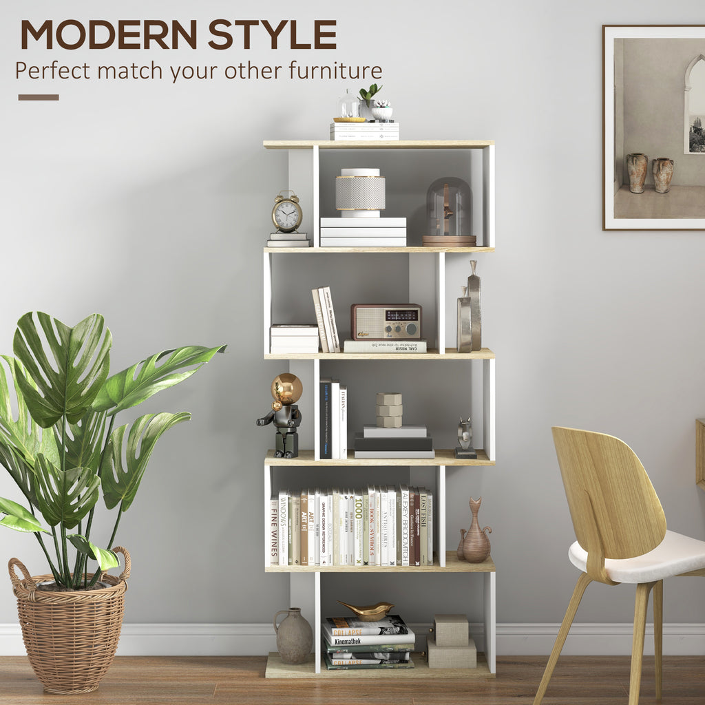 5-Tier Bookshelf, Geometric S Shaped Bookcase, Tall Narrow Display Shelf for for Living Room, Study Room, White