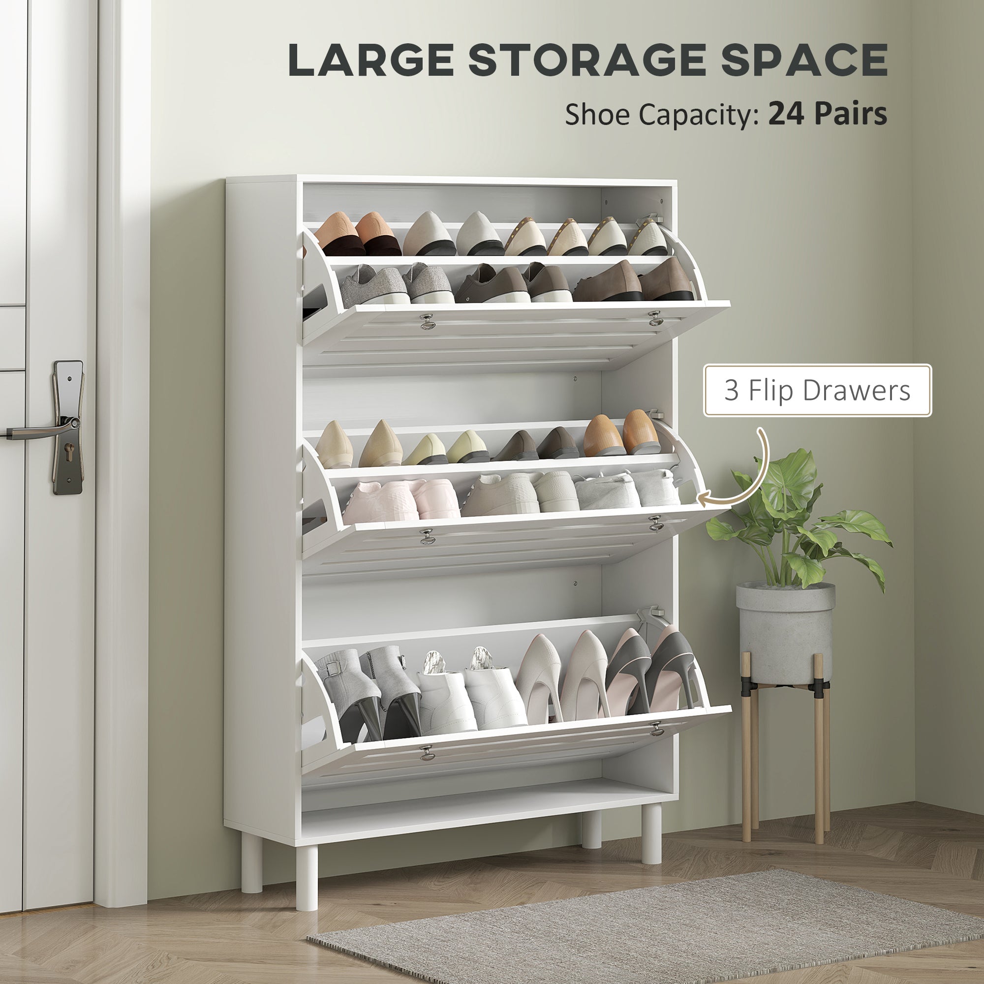 Narrow Shoe Storage Cabinet, 3 Flip Drawers, Adjustable Shelves, 18-24 Pairs Capacity, White