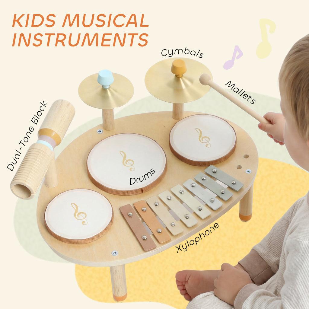 Qaba Toddler Drum Set, 4-in-1 Musical Instruments for Kids 2+, Gifts for Girls Boys Birthday, Natural Wood