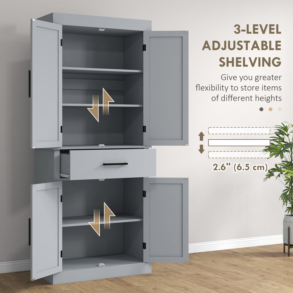 72" Farmhouse Kitchen Cabinet, Kitchen Pantry Cabinet with 4 Barn Doors, Drawer, Adjustable Shelves, Grey