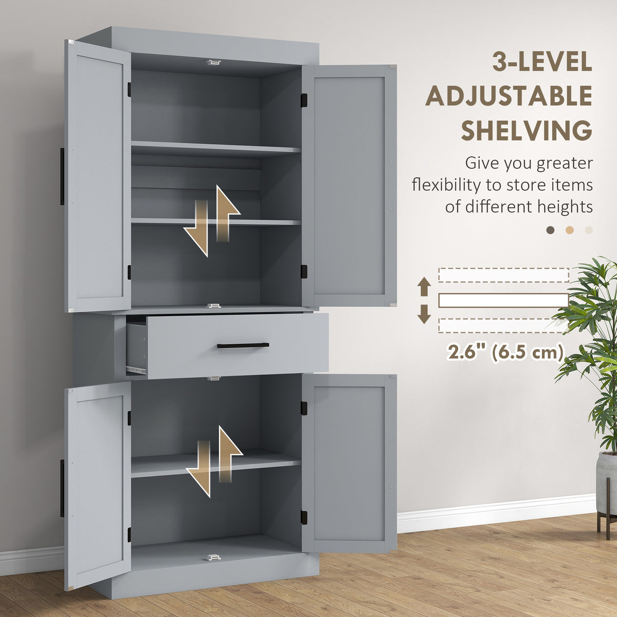72" Farmhouse Kitchen Cabinet, Kitchen Pantry Cabinet with 4 Barn Doors, Drawer, Adjustable Shelves, Grey