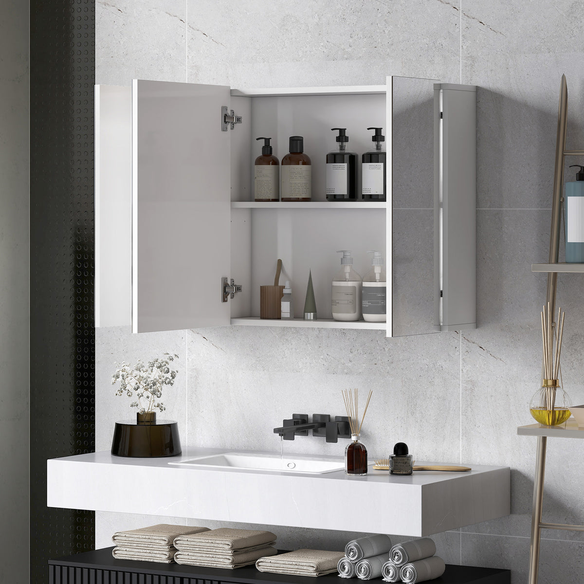 28" x 24" Wall Mounted Mirror Cabinet, Bathroom Medicine Cabinet with Mirror, 3 Doors and Adjustable Shelves, White