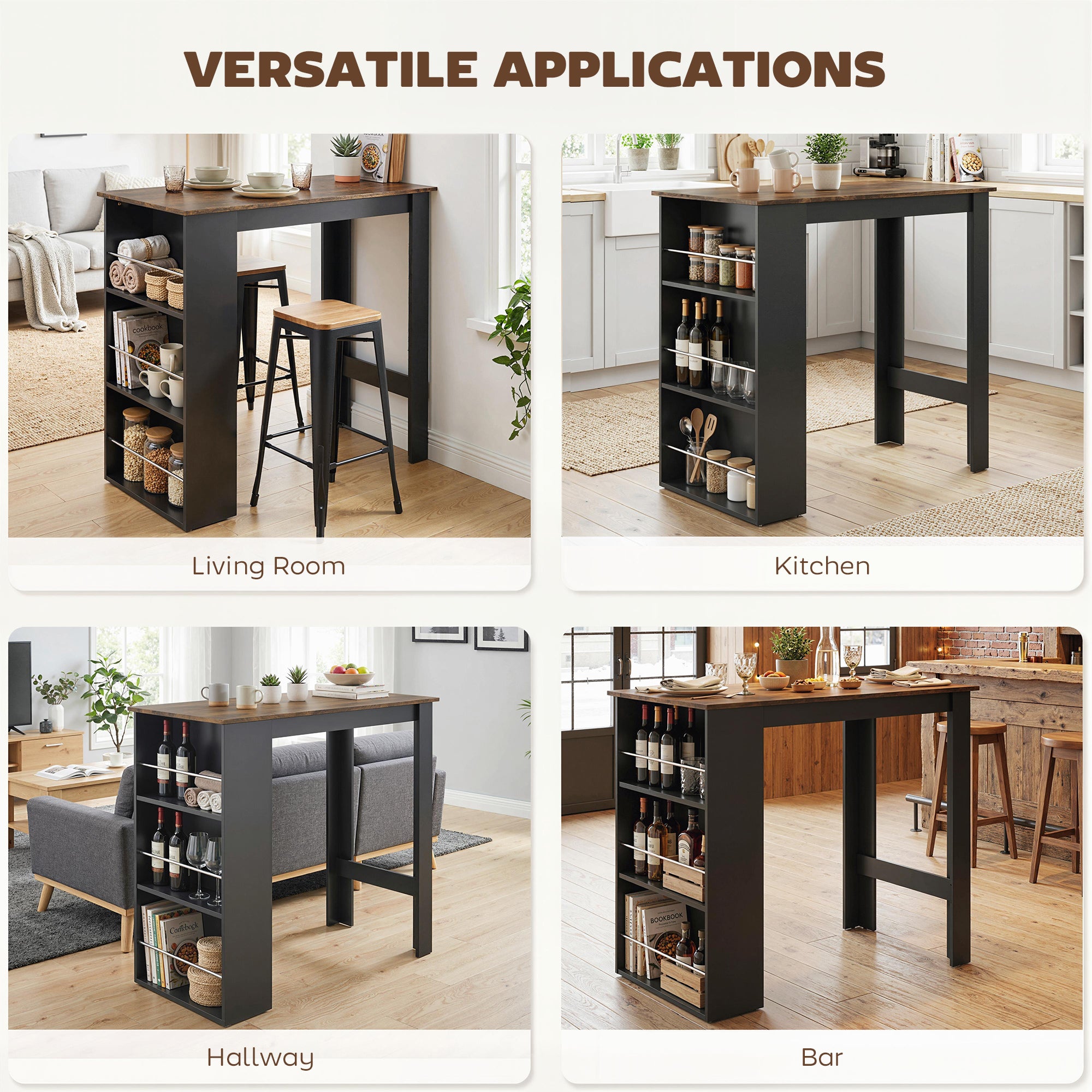 Modern Bar Table, Counter Height Dining Table with 3 Storage Shelves for Kitchen, Dining Room, Living Room, Rustic Brown