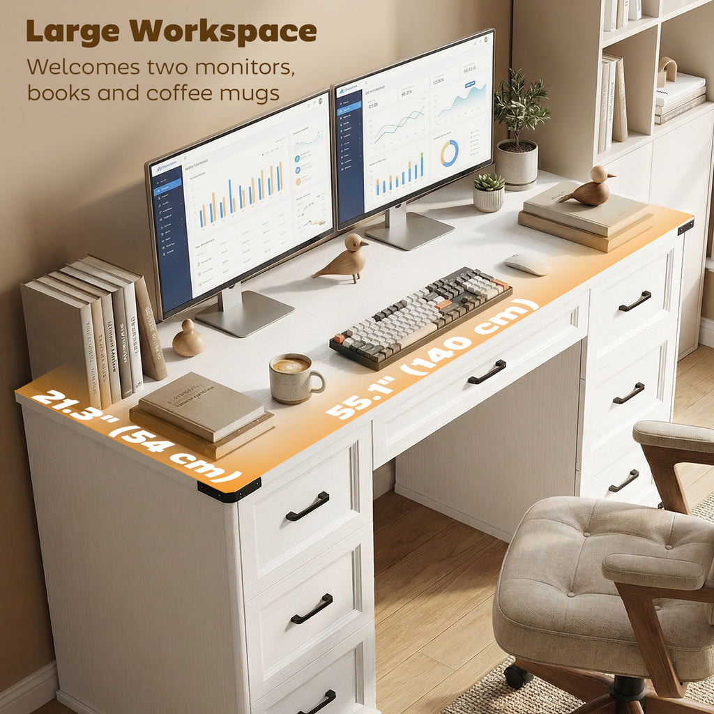 55" Computer Desk with 7 Drawers, Farmhouse Executive Desk for Home Office, Study, Bedroom, Black Wood Grain