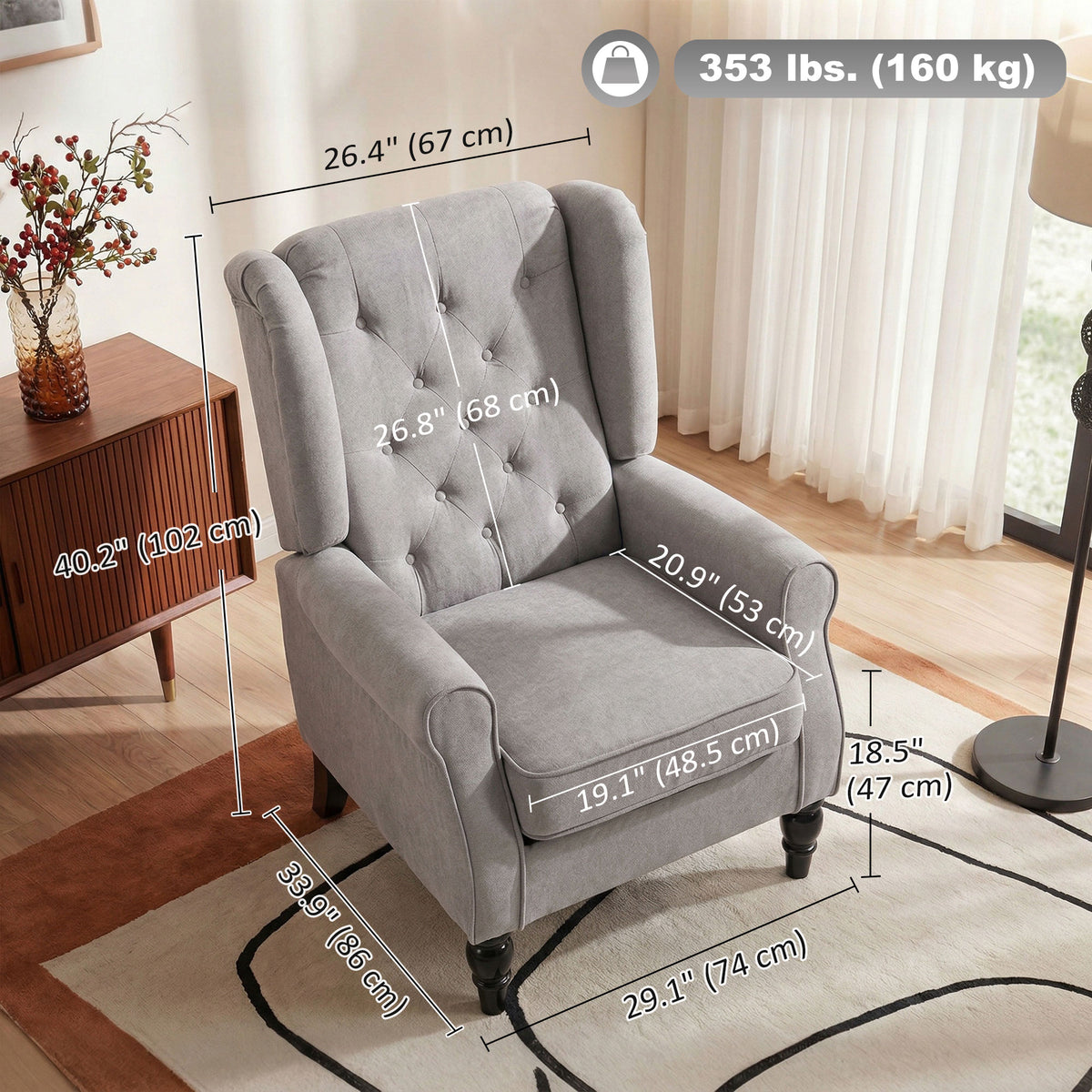 Fabric Accent Chair, Button Tufted Armchair, Upholstered Modern Living Room Chair, Wingback Chair with Wood Legs, Rolled Arms, Thick Padding for Bedroom, White