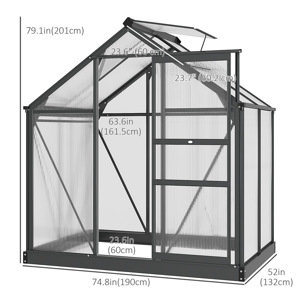 Greenhouse Garden, Green House, Outdoor Greenhouse Kit, PC Board with Sliding Door, 6.2' x 8.3' x 6.6', Grey