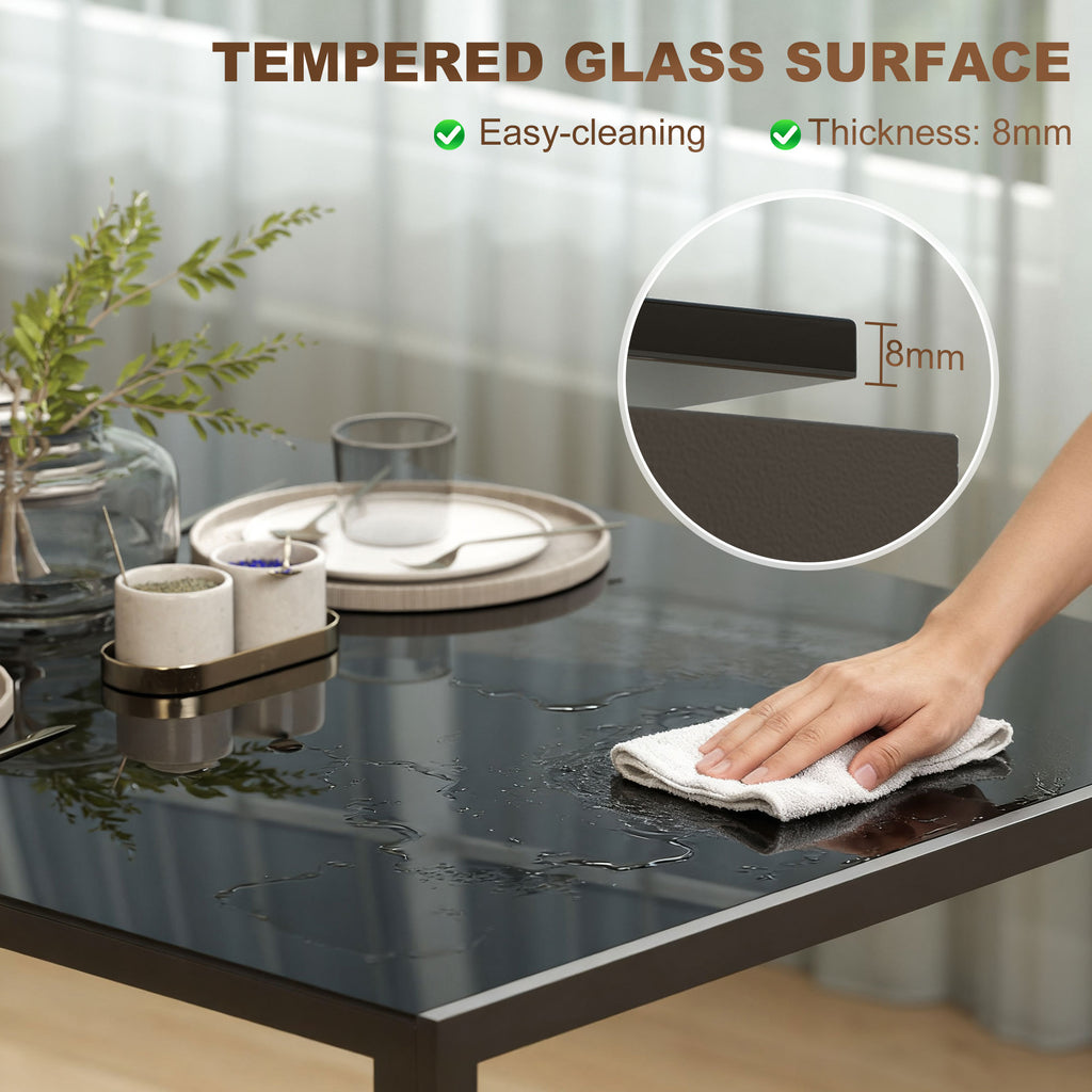 Rectangular Kitchen Table for 4 People, Dining Table with Tabletop Tempered Glass for Dining Room, Living Room, Black