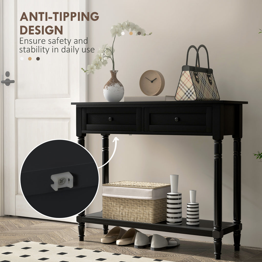 Hallway Console Table, Modern Entryway Table with 2 Drawers, Storage Shelf, Turned Legs for Living Room, Bedroom, Black