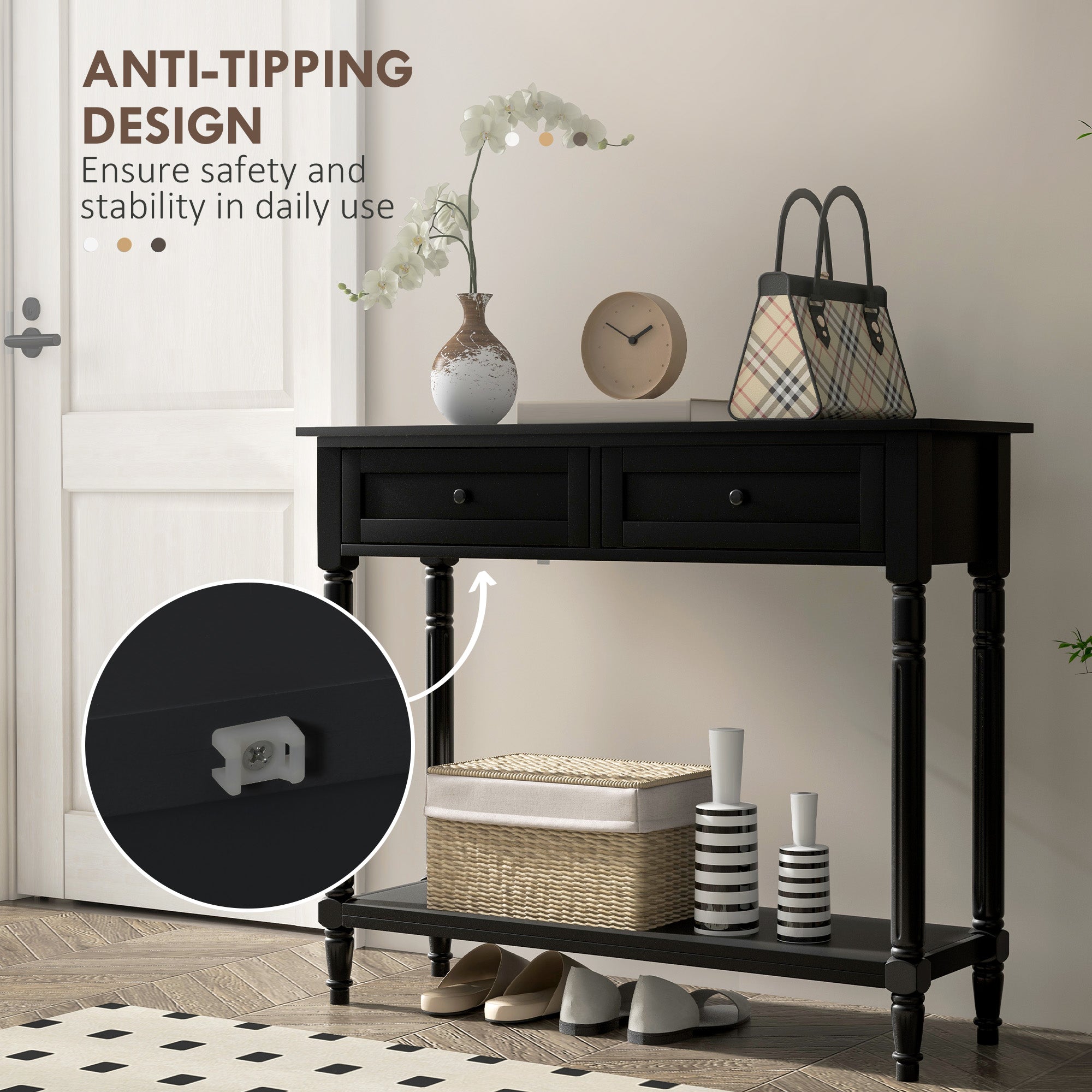 Hallway Console Table, Modern Entryway Table with 2 Drawers, Storage Shelf, Turned Legs for Living Room, Bedroom, Black