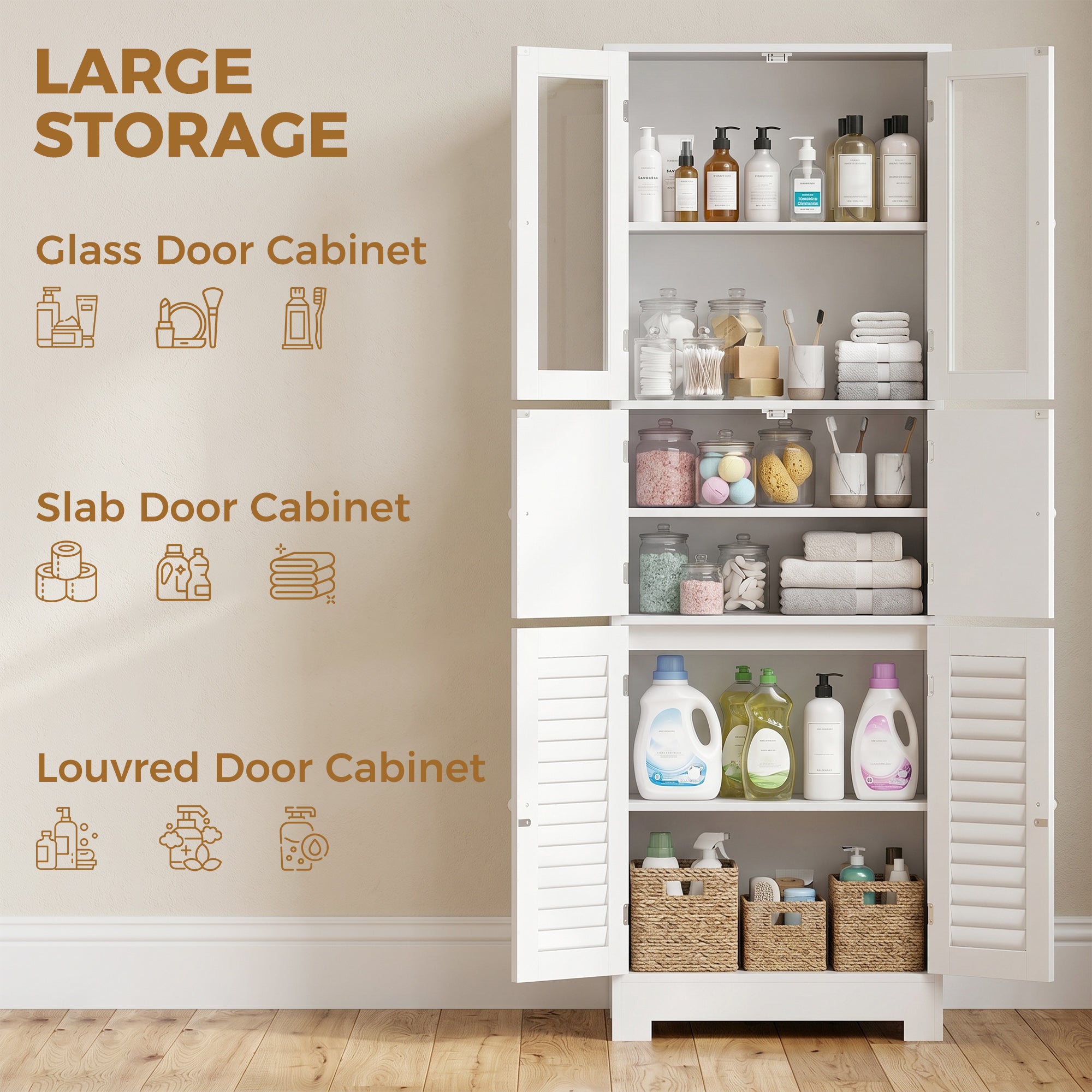 Freestanding Bathroom Cabinet with Glass/Louvred Doors, Tall Bathroom Cabinet for Kitchen, Study, Living Room