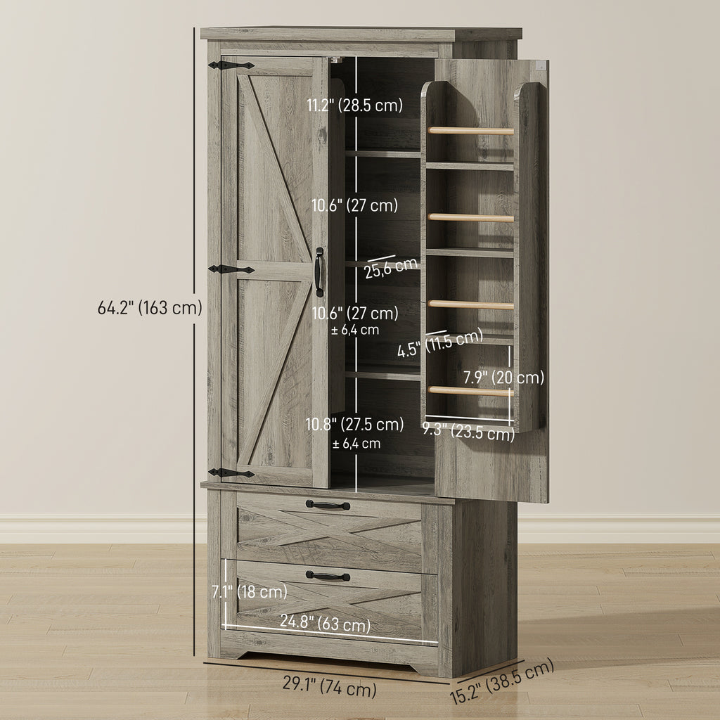 Farmhouse Kitchen Pantry Storage Cabinet, 64" Freestanding Kitchen Pantry Cabinet with Drawers, Distressed White