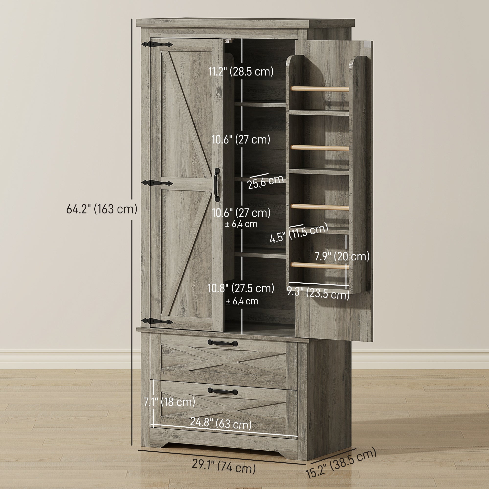 Farmhouse Kitchen Pantry Storage Cabinet, 64" Freestanding Kitchen Pantry Cabinet with Drawers, Distressed White