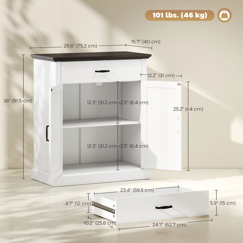 30" Buffet Cabinet, Farmhouse Sideboard with 1.2" Thick Top, 2 Barn Doors, Drawer and Adjustable Shelf, White