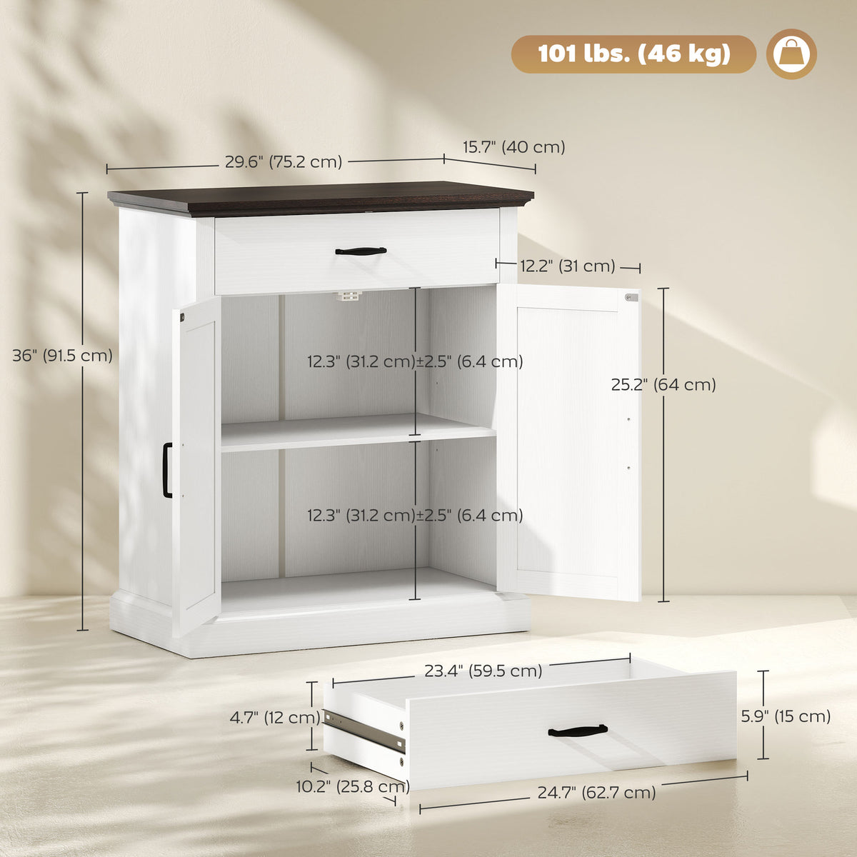 30" Buffet Cabinet, Farmhouse Sideboard with 1.2" Thick Top, 2 Barn Doors, Drawer and Adjustable Shelf, White