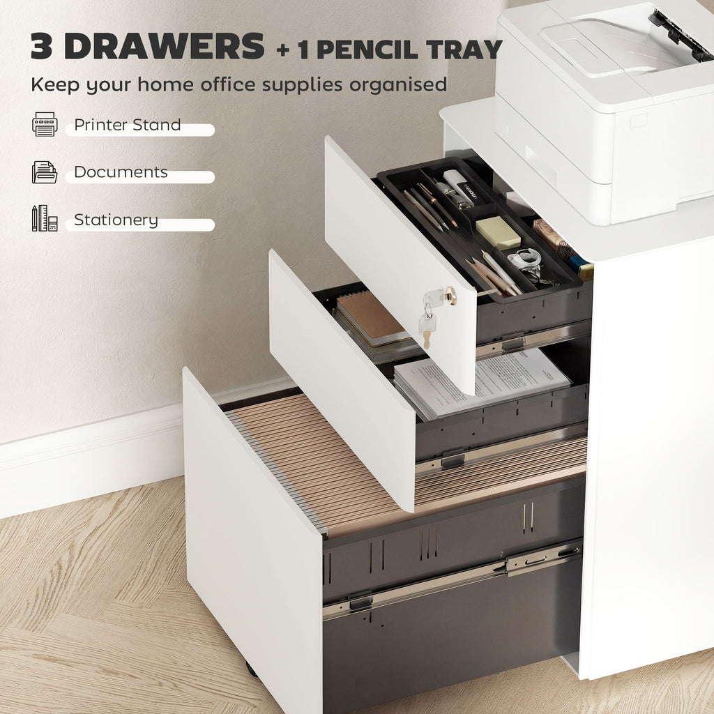 3 Drawer Filing Cabinet, Steel Home Office Storage Cabinet with Wheels, Lock for A4, Letters, Legal-sized Files, White
