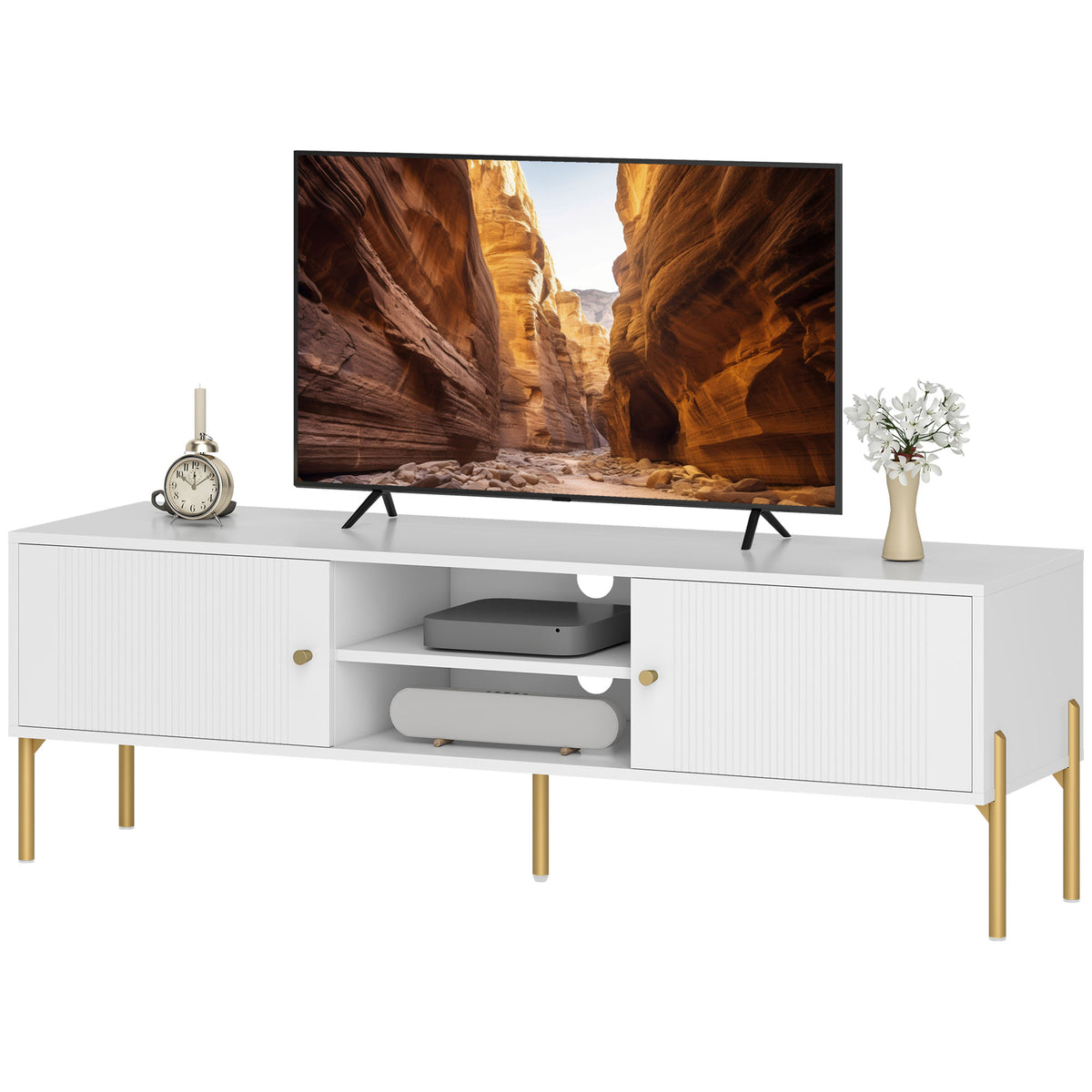 ንቲቪ ስታንድ ንቲቪ ክሳብ 65"፣ መዝናኒ ማእከል ምስ 2 ክፍት መደርደሪታት፣ 2 ካቢኔታትን ሓጺን እግርን ንክፍሊ መነባብሪ፣ ጸሊም