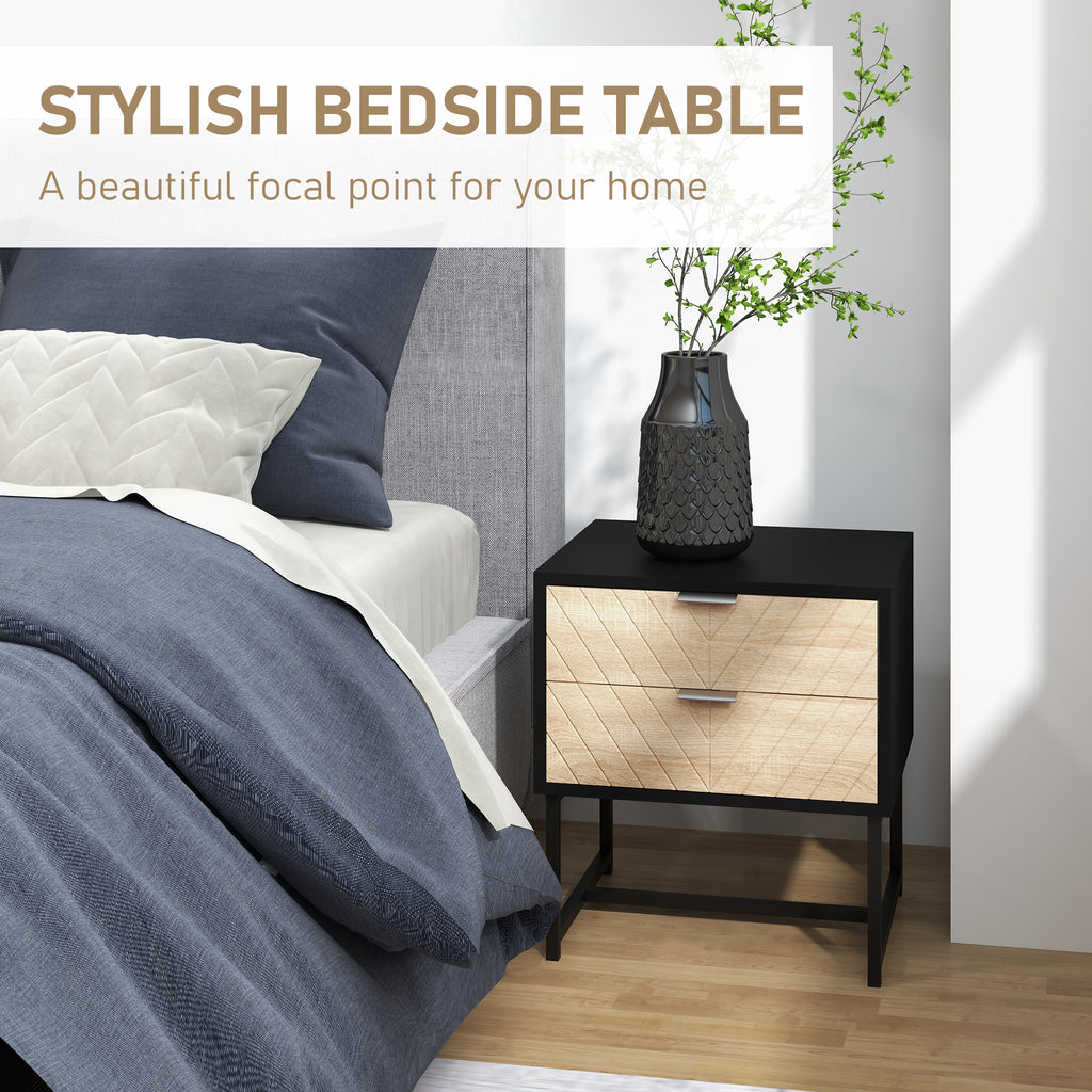 Modern Bedside Table with 2 Drawers and Steel Frame, Sofa Side Table for Bedroom Living Room, White and Oak