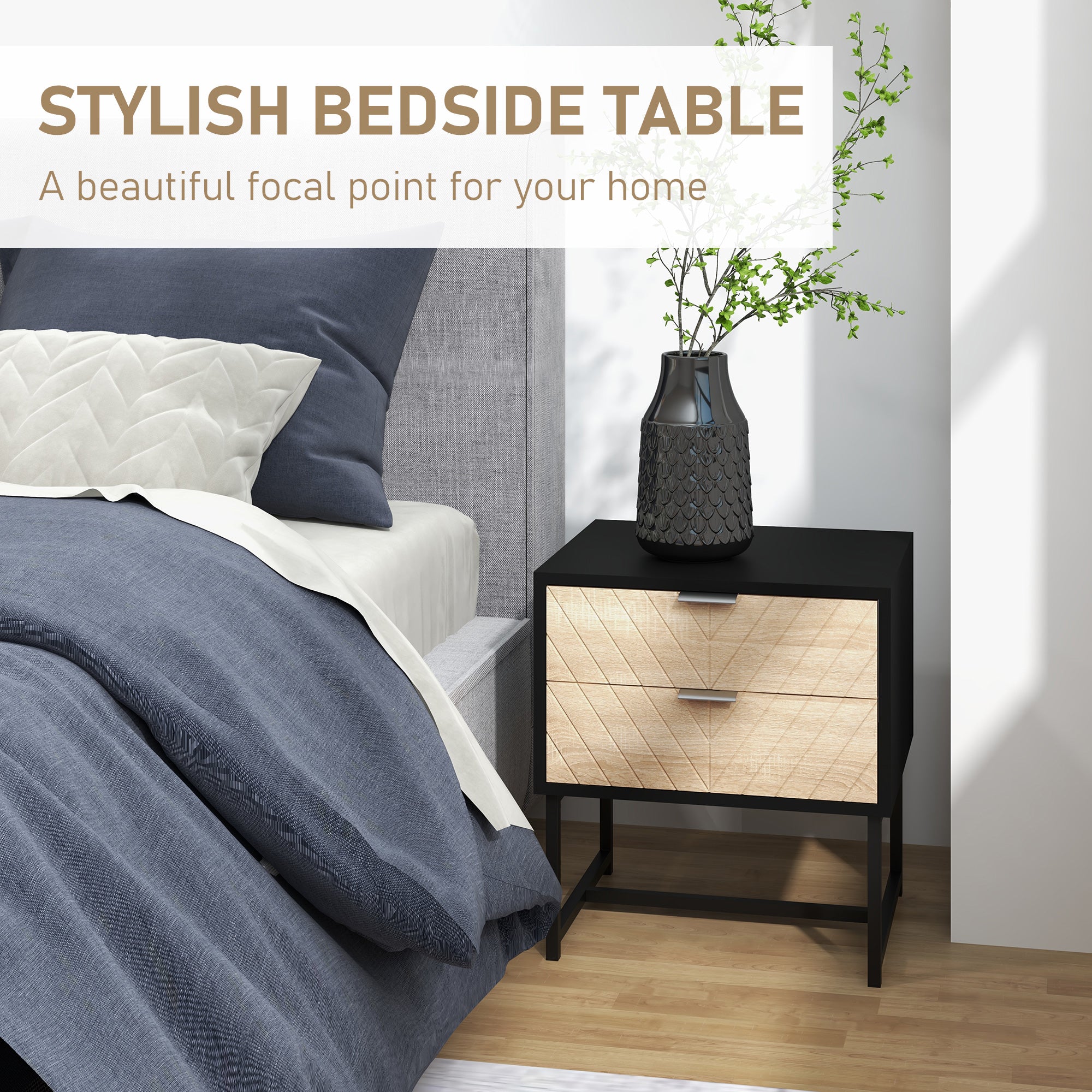 Modern Bedside Table with 2 Drawers and Steel Frame, Sofa Side Table for Bedroom Living Room, White and Oak