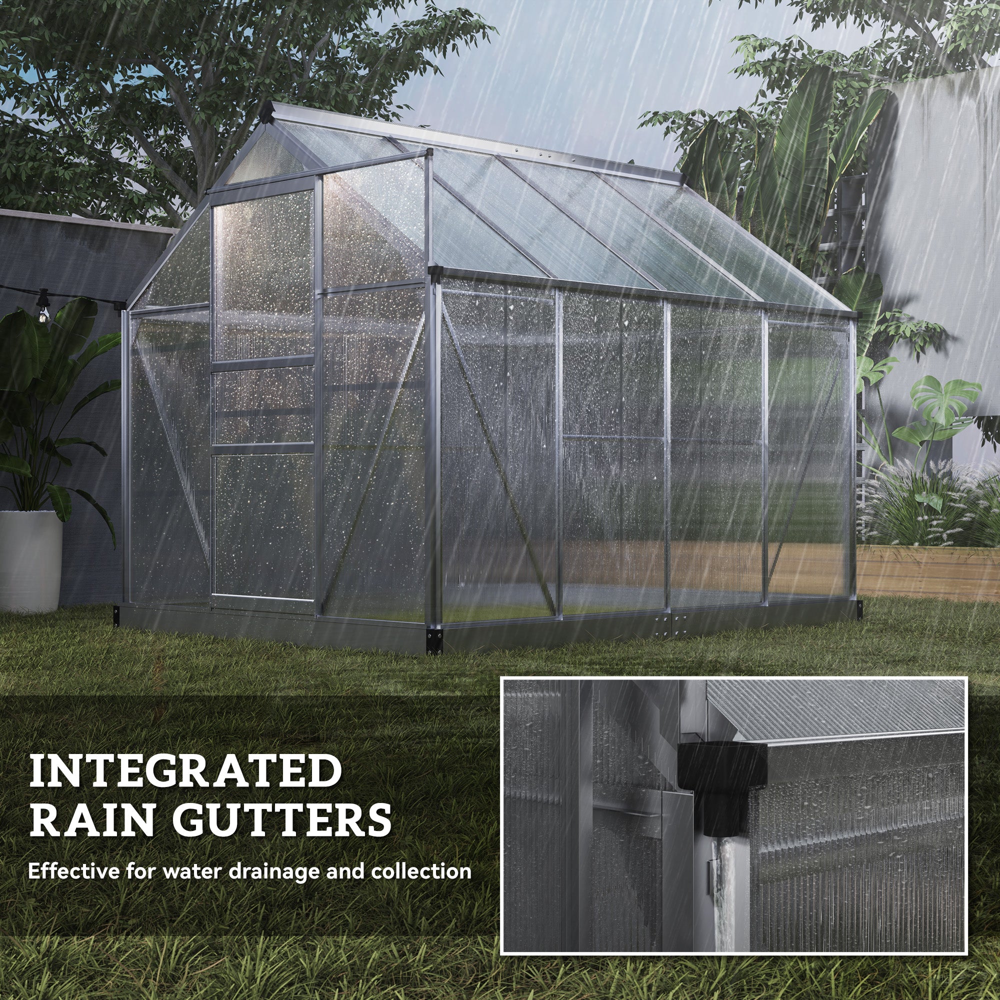 6' x 4' x 6.6' Polycarbonate Greenhouse, Walk-In Green House Kit Garden, Plants Grow, Galvanized Sheet Aluminum Frame with Rain Gutter, Vent and Sliding Door, Silver