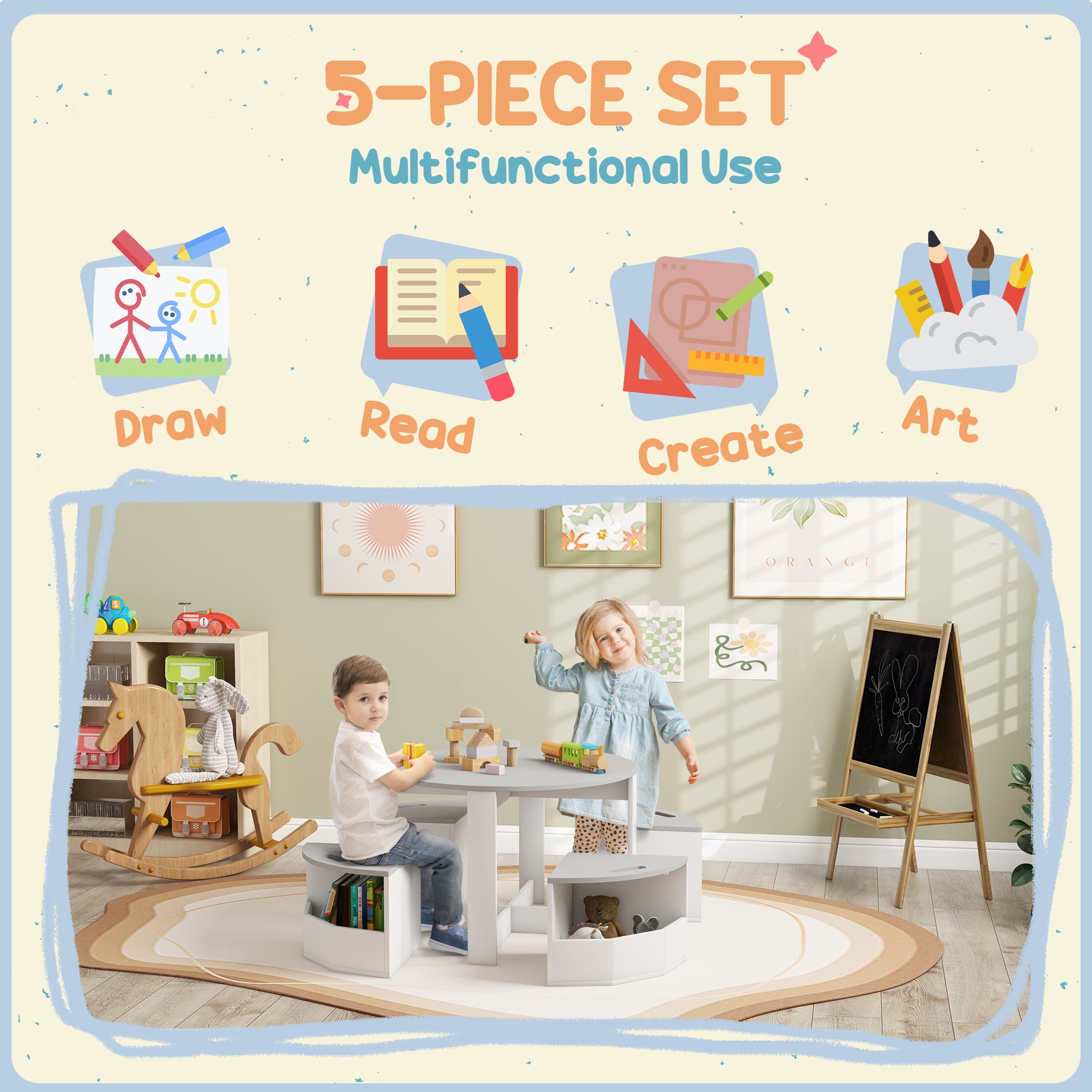 Qaba 5 Piece Kids Table and Chair Set with Storage for Kids Room, Grey