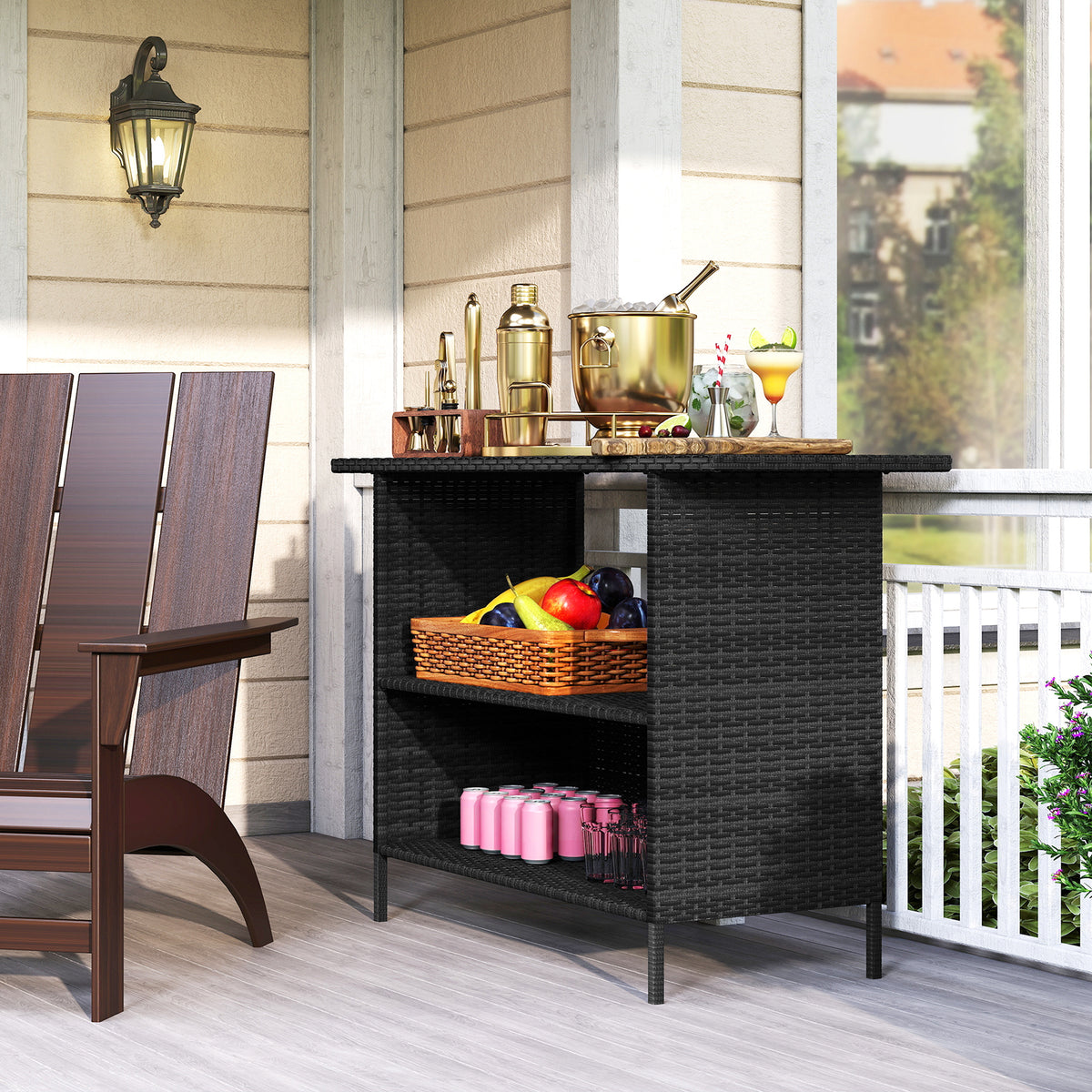 Wicker Outdoor Bar Table, PE Rattan Bar Height Patio Table with 2 Shelves, Steel Frame for Garden, Backyard, Black