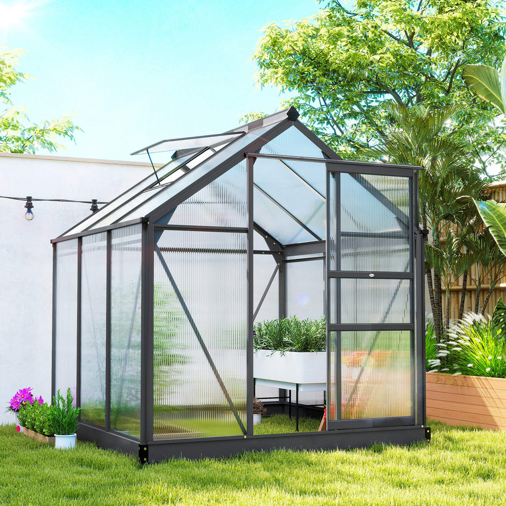 Greenhouse Garden, Green House, Outdoor Greenhouse Kit, PC Board with Sliding Door, 6.2' x 8.3' x 6.6', Grey