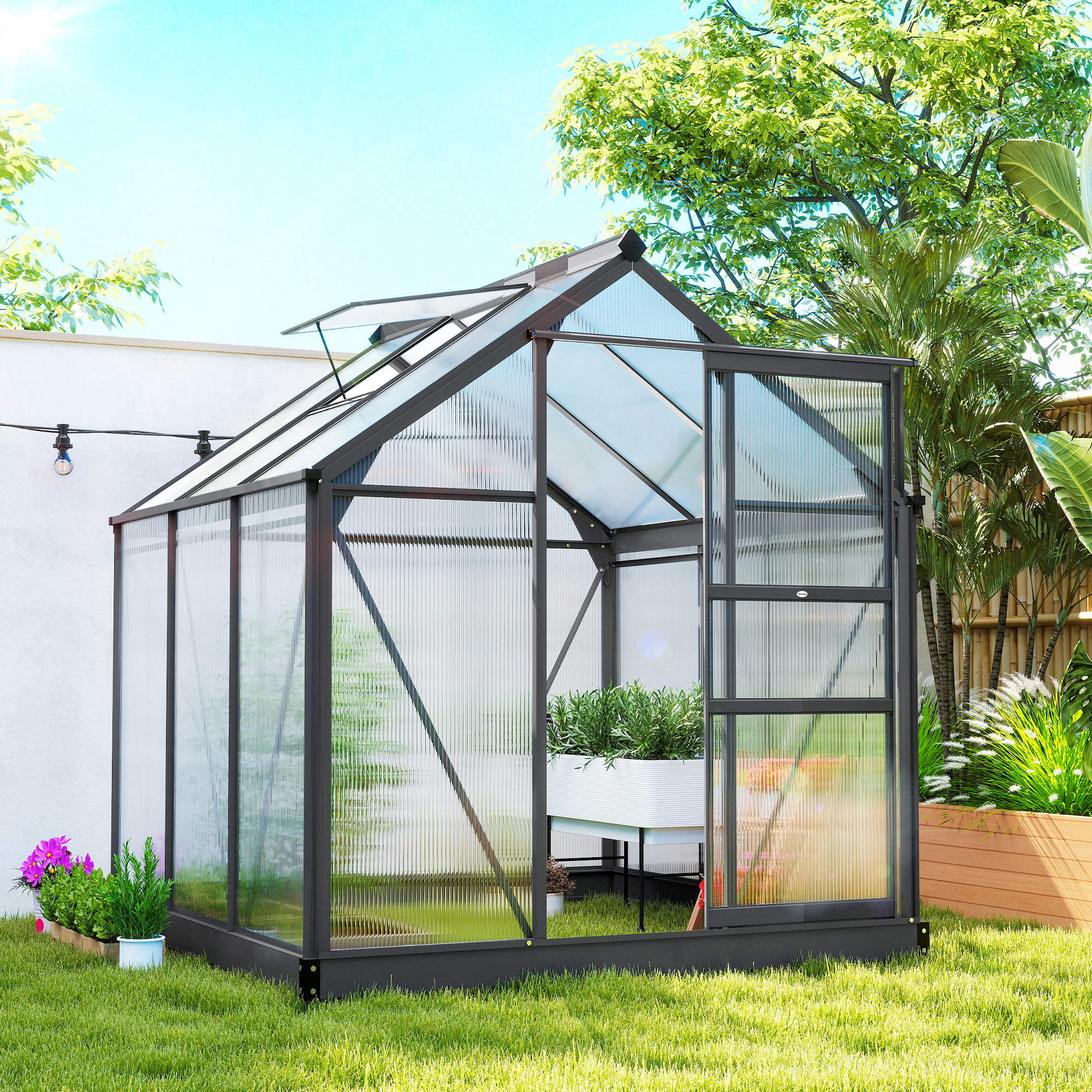 Greenhouse Garden, Green House, Outdoor Greenhouse Kit, PC Board with Sliding Door, 6.2' x 8.3' x 6.6', Grey