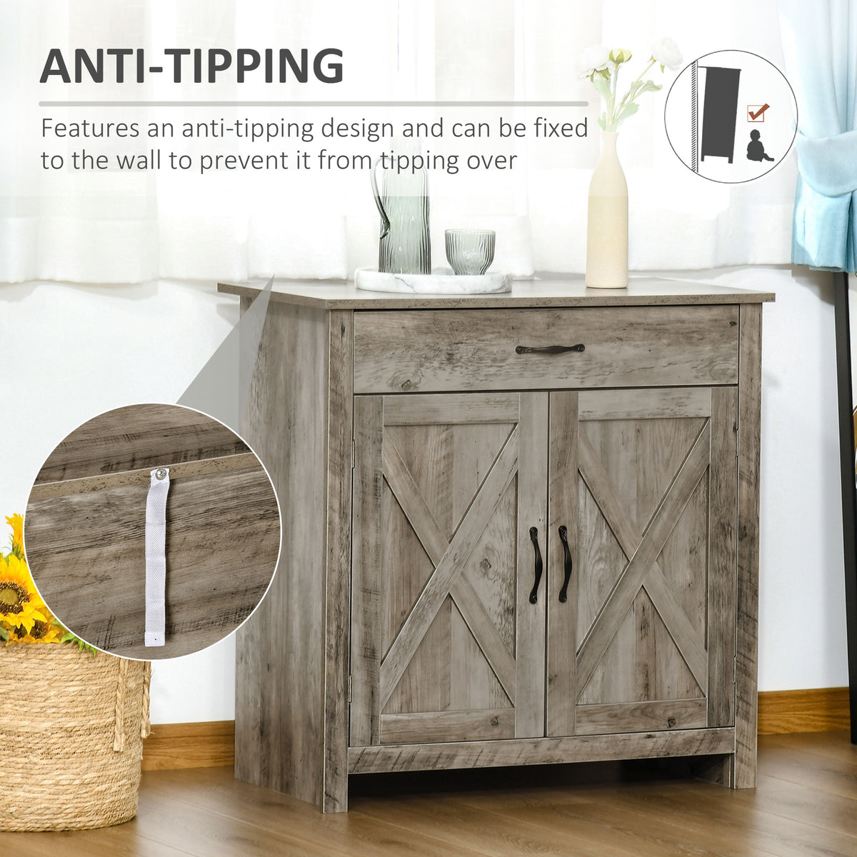 Farmhouse Sideboard Buffet Cabinet, Storage Cabinet with Barn Doors, Ash Grey