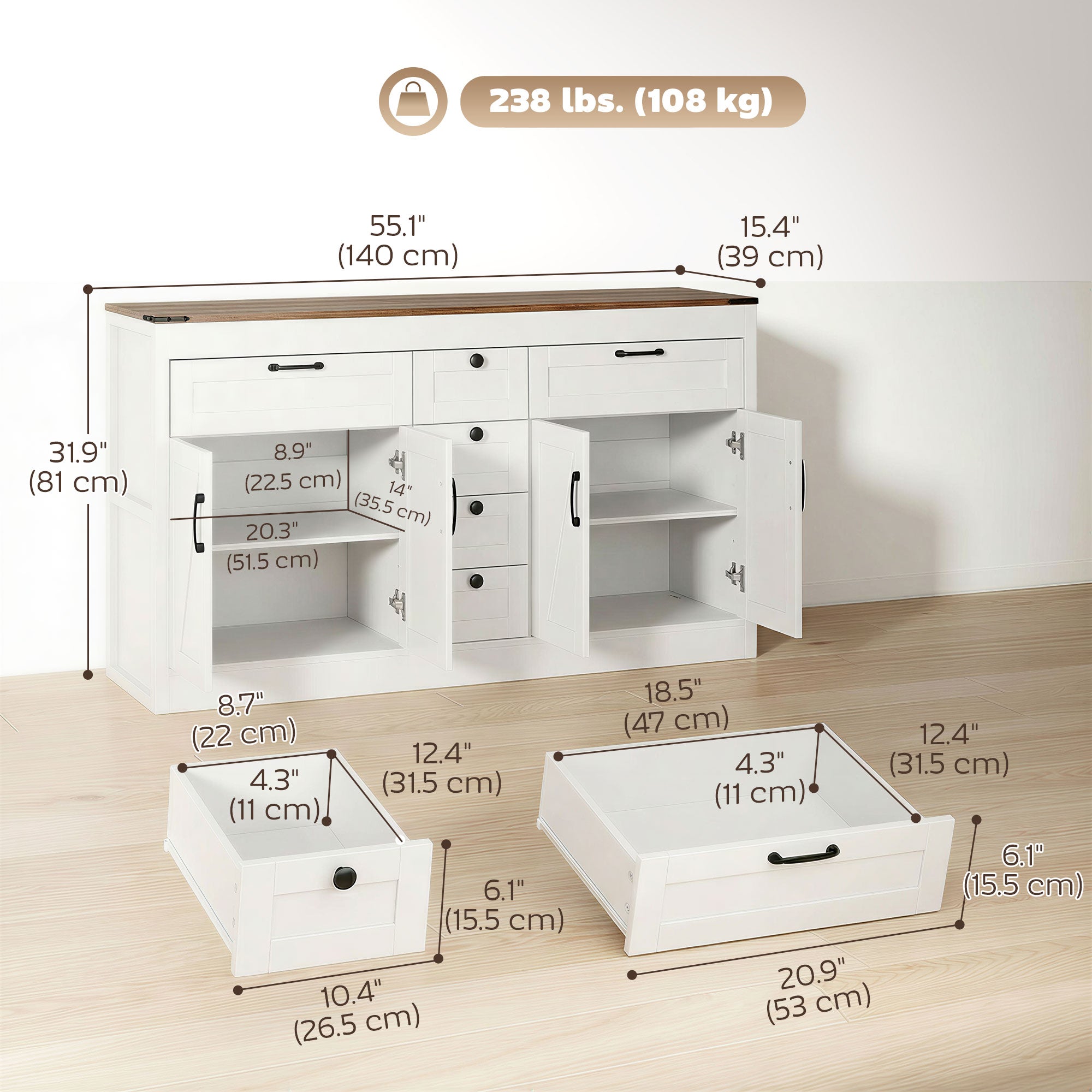 Sideboard Buffet Cabinet, 55" Farmhouse Kitchen Cabinet with 4 Barn Doors, 6 Drawers and 2 Adjustable Shelves, White