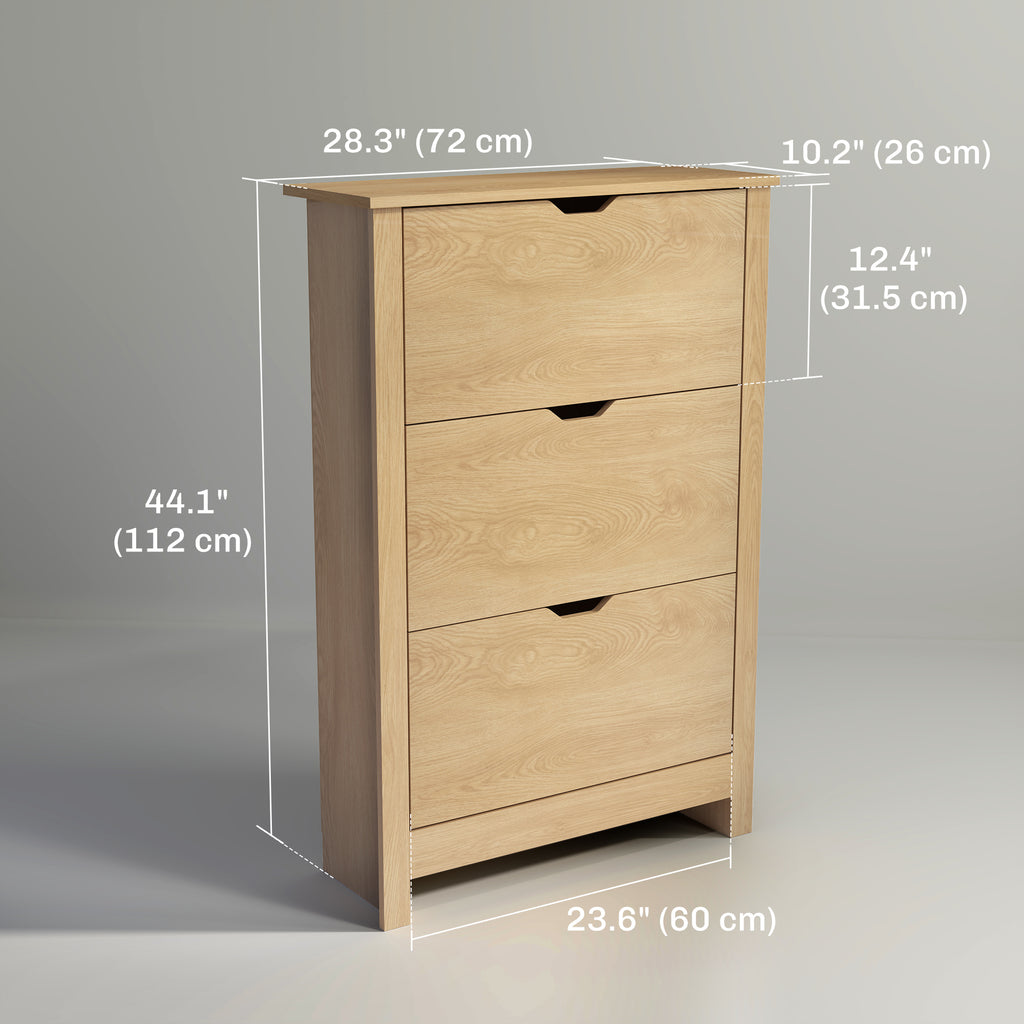 Shoe Storage Cabinet with 2 Flip Drawers and Adjustable Shelves for 8–12 Pairs of Shoes, Natural Wood
