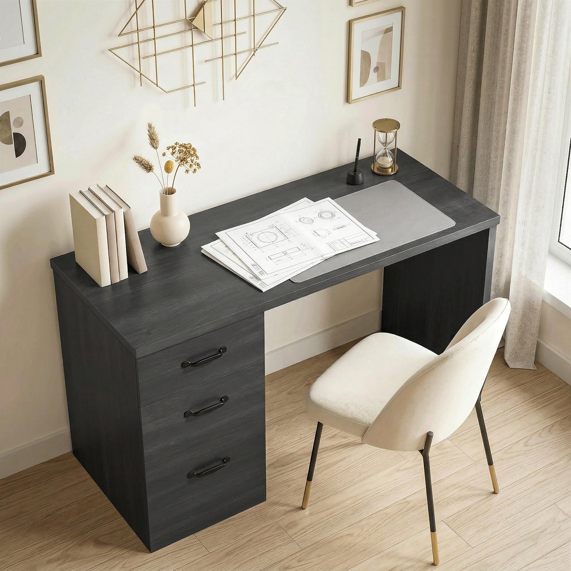 Computer Desk with 3 Drawers, 47" Home Office Desk with Adjustable Hanging Rails for Letter A4 Files, White