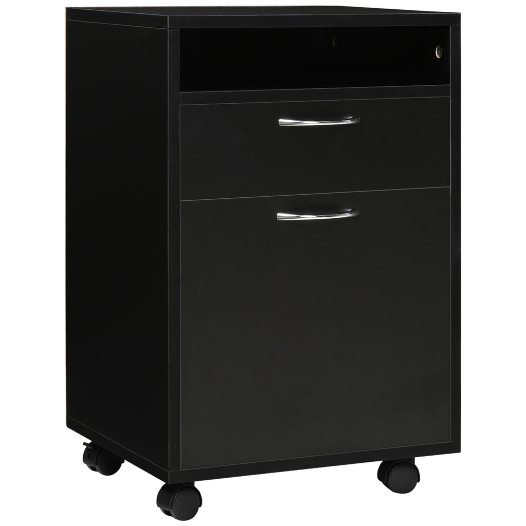 24" Small Filing Cabinet with Open Compartment, Drawer and Wheels, Home Office Storage Cabinet, Black