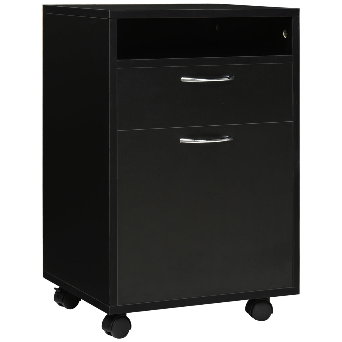 24" Small Filing Cabinet with Open Compartment, Drawer and Wheels, Home Office Storage Cabinet, Black
